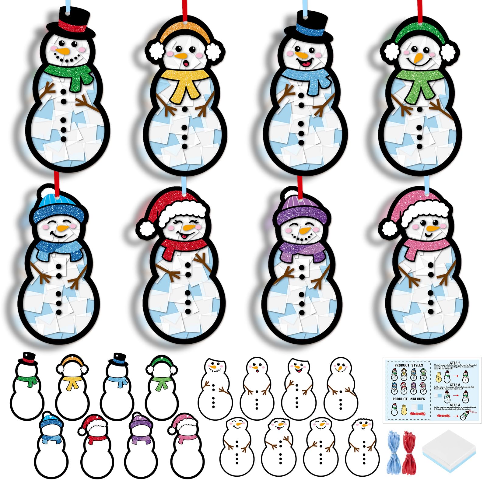 Tinlade 32 Set Christmas Snowman Suncatchers Craft Kit Winter DIY Window Stained Glass Tissue Paper Snowman Hanging Ornaments Make Your Own Suncatcher Arts Xmas Winter Home School Classroom Activities