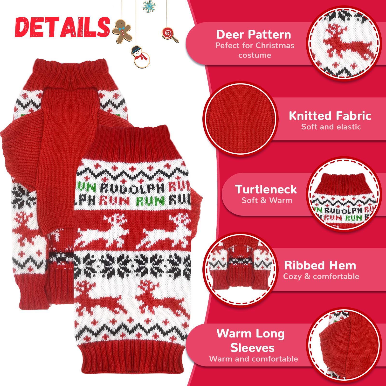 ABRRLO Dog Christmas Jumper Snowflake Xmas Pet Sweater Outfits Puppy Cat Holiday Costume New Year Clothes Gift for Small Medium Large Dogs(Red Runing Deer,M) - Image 3