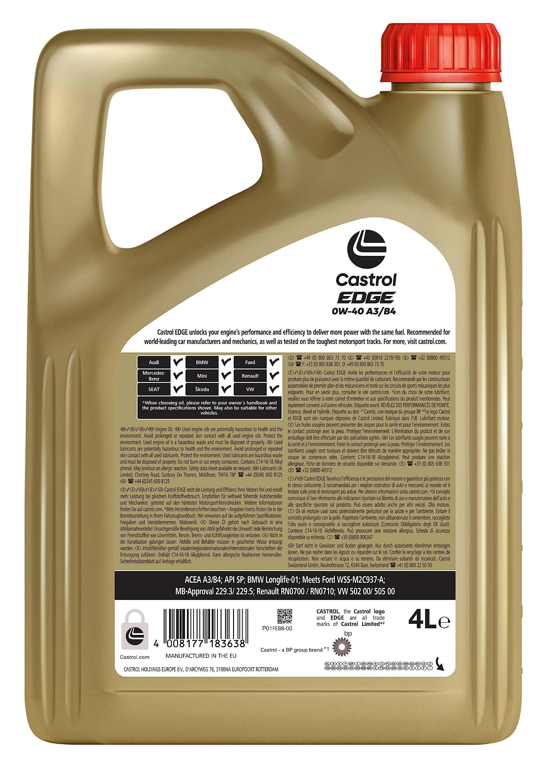 Castrol EDGE 0W-40 A3/B4 Aceite de Motor Avanzado Sintético, 4L