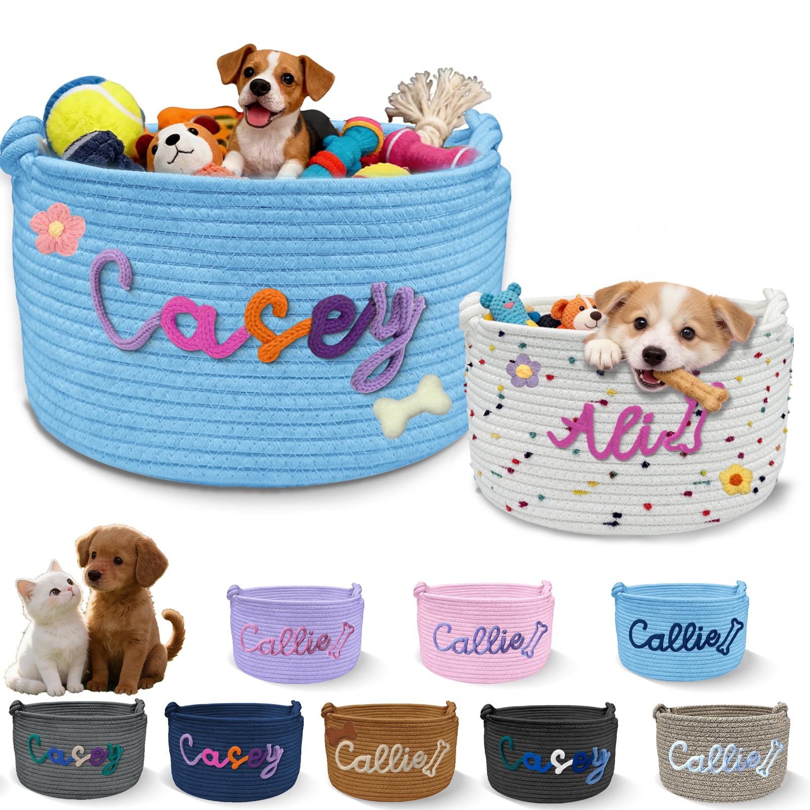 Sastridft Personalised Dog Toy Basket with Embroidery Name Custom Cotton Rope Pet Storage Bin for Toys Treats Large Capacity Storage Bin with Handle Home Organizer & Pet Gift