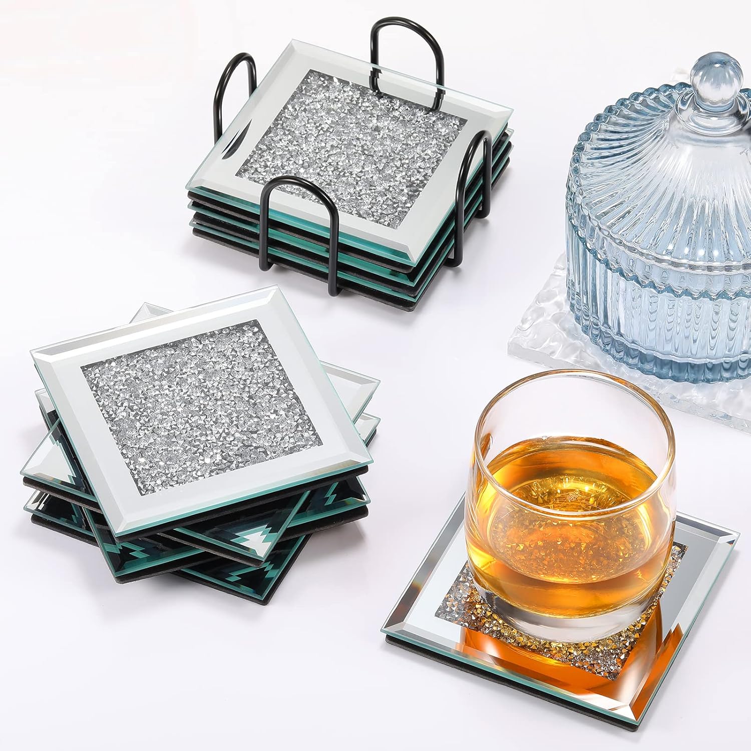 9 Pieces Glass Mirrored Coaster, 4 x 4 Inches Crushed Diamond Cup Mat Decor on Tabletop for Restaurant Kitchen Bar Dining Table (Silver)