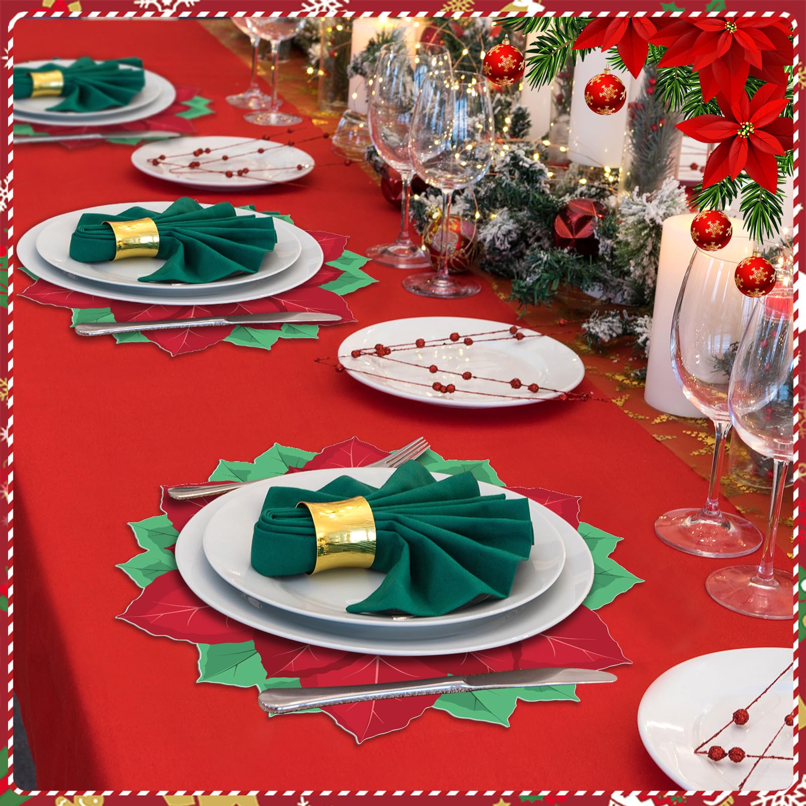 Sliner 100 manteles individuales de papel de Pascua de Navidad de 12.6 pulgadas, hojas de flor de Pascua rojas de Navidad, manteles individuales desechables para vacaciones, Navidad, cena