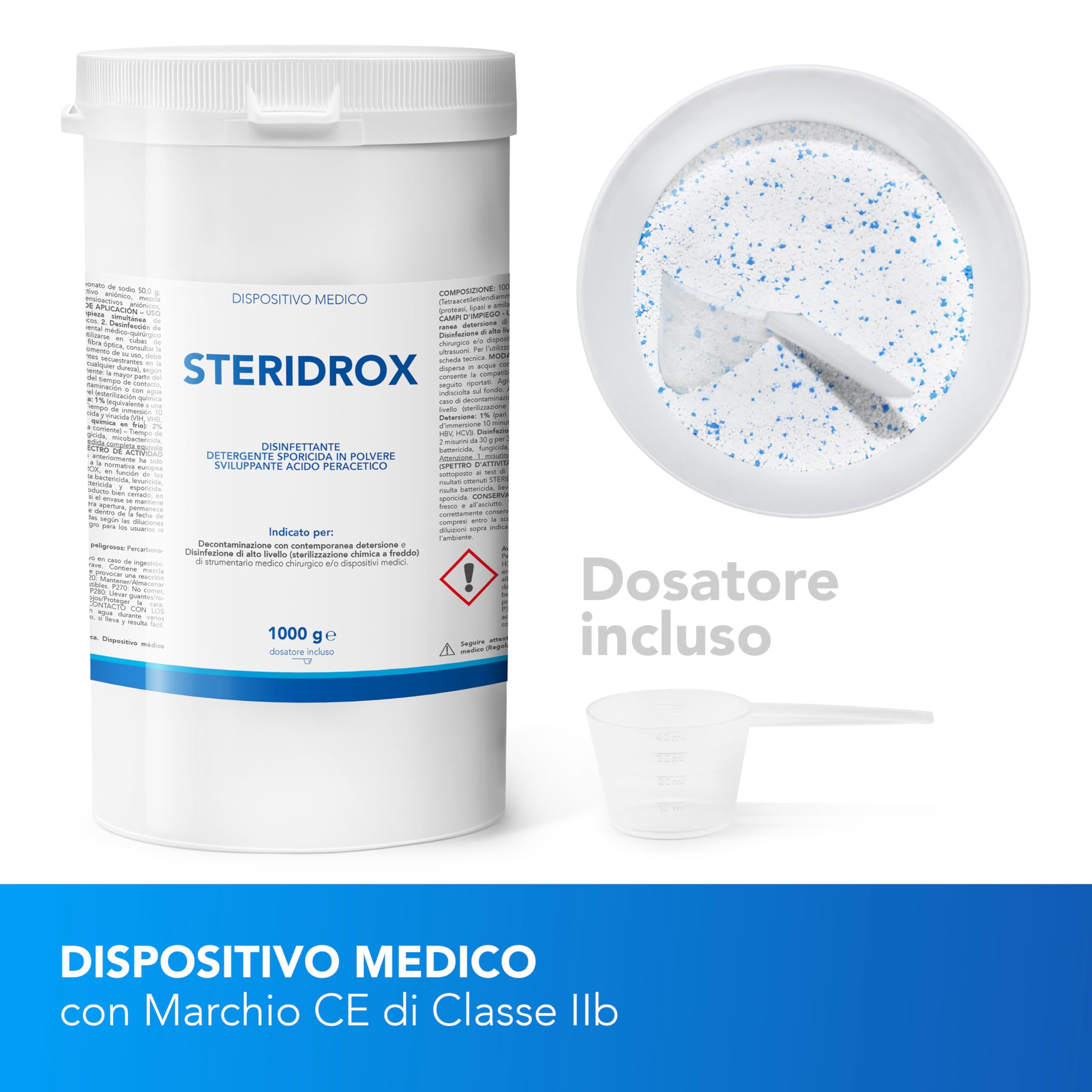 AIESI® Stérilisant à froid en poudre (1 kg) pour instruments chirurgicaux, instruments d'esthétique, dispositifs médicaux, acide peracétique STERIDROX, Détergent, Décontaminant, Made in Italy