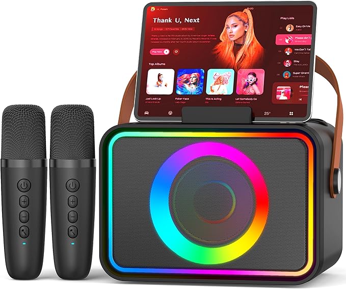 Karaoke Machine,Portable Bluetooth Speaker with 2 Wireless Microphone for Adults & Kids with LED Lights, Karaoke Microphone with PA System Supports USB/TF/AUX,Gift for Party (Black)
