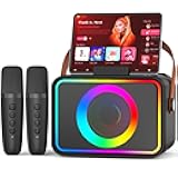 Karaoke Machine,Portable Bluetooth Speaker with 2 Wireless Microphone for Adults & Kids with LED Lights, Karaoke Microphone with PA System Supports USB/TF/AUX,Gift for Party (Black)