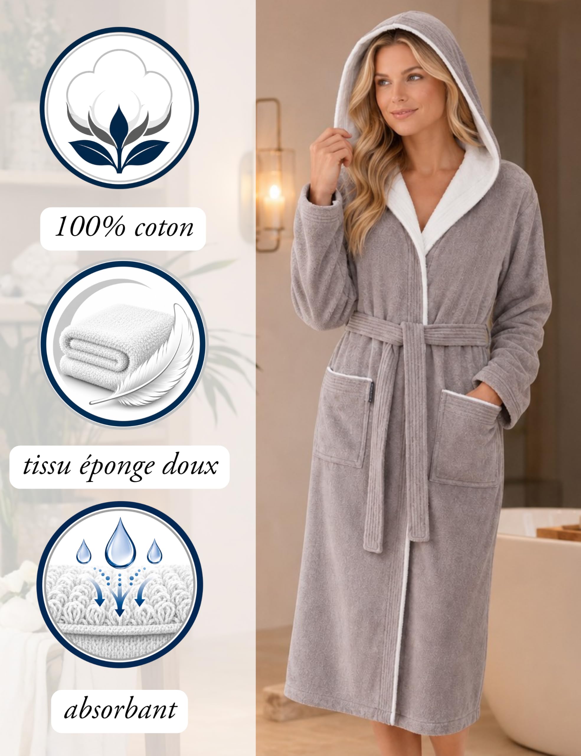 Morgenstern Peignoir de Bain Femme avec Capuche 100% Coton Éponge OEKO-TEX® Robe de Chambre Leonie