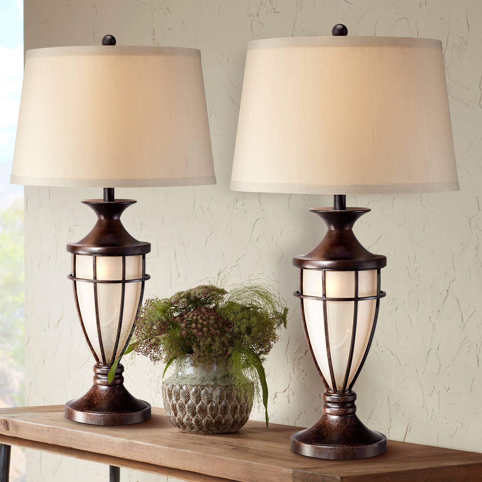 Cage 33" Large Table Lamps Set of 2 Night Light Bronze Brown Urn | Brushed Mission Lantern Nightlight Iron Living Room Bedroom House Bedside Nightstand Home Office Entryway Beige Shade