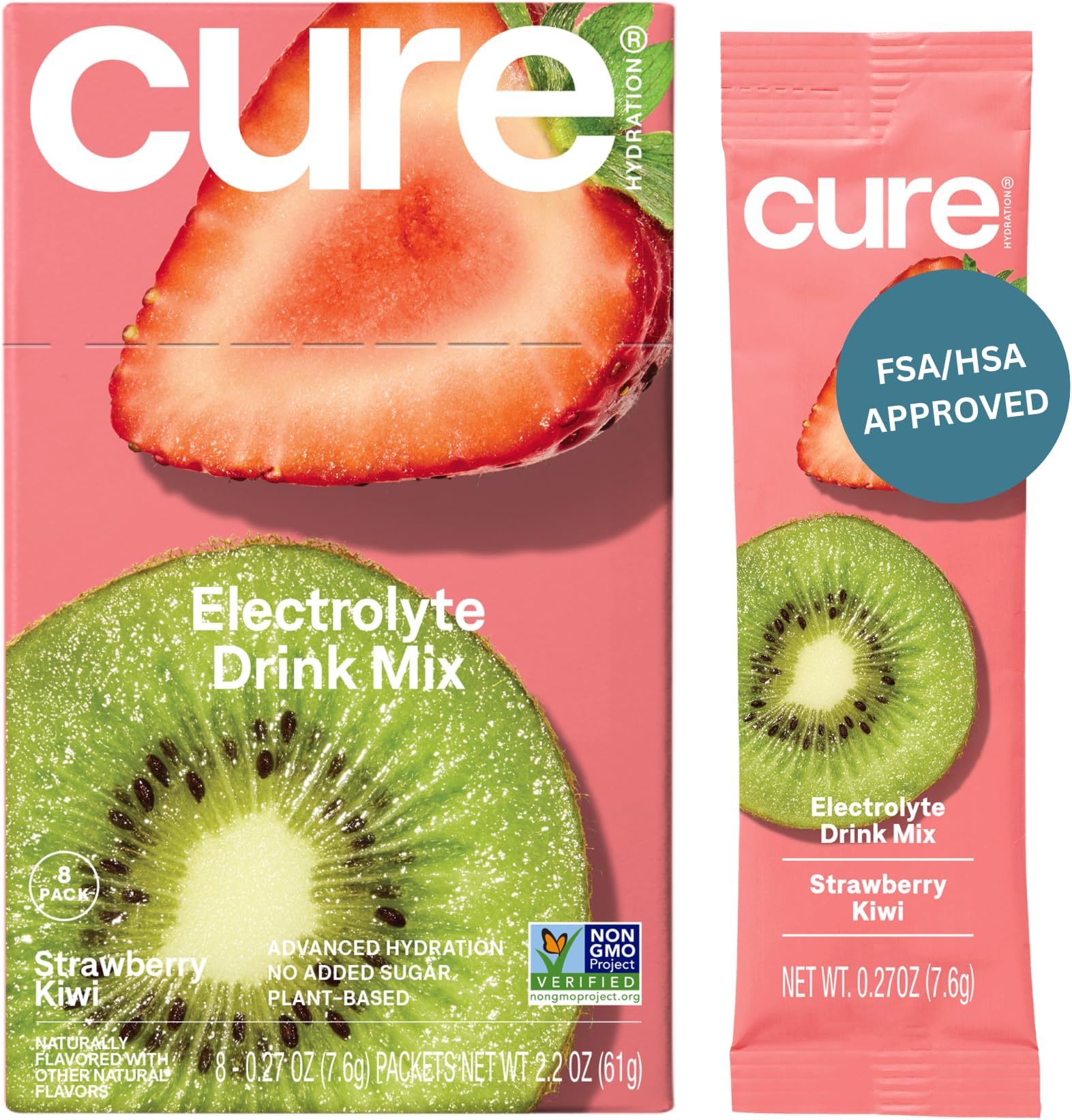 Plant-Based Electrolyte Drink Mix | No Added Sugar | Dehydration Relief | Coconut Water Powder | FSA-HSA Eligible | Non-GMO, Vegan | 8 Packets – Strawberry Kiwi