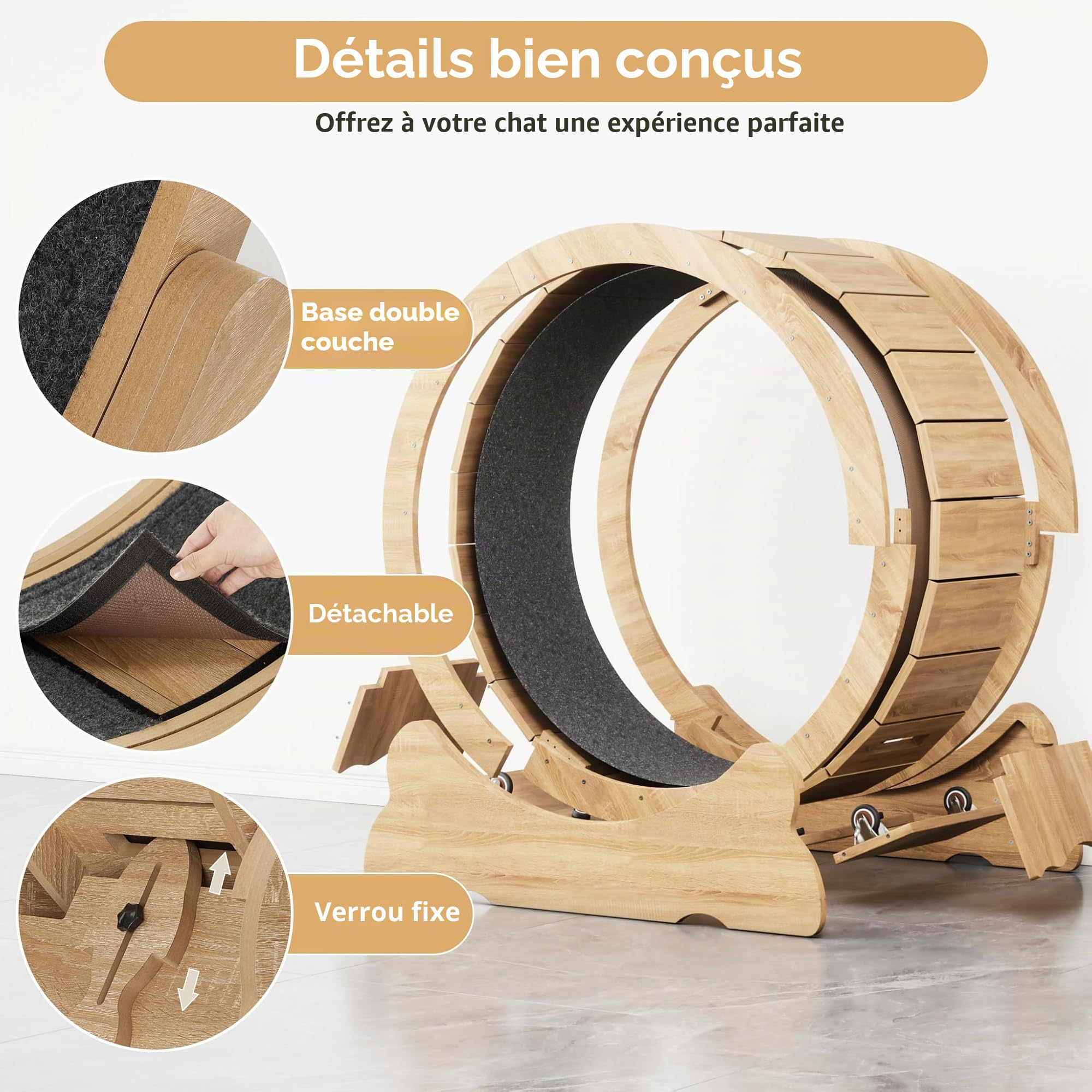 Mondeer Roue pour Chat d'intérieur avec Piste Moquette, Tapis de Course XL de 90 cm avec Tapis Amovible et Jouet pour Chat, pour Course à Pied, Marche, entraînement (Bois Naturel)