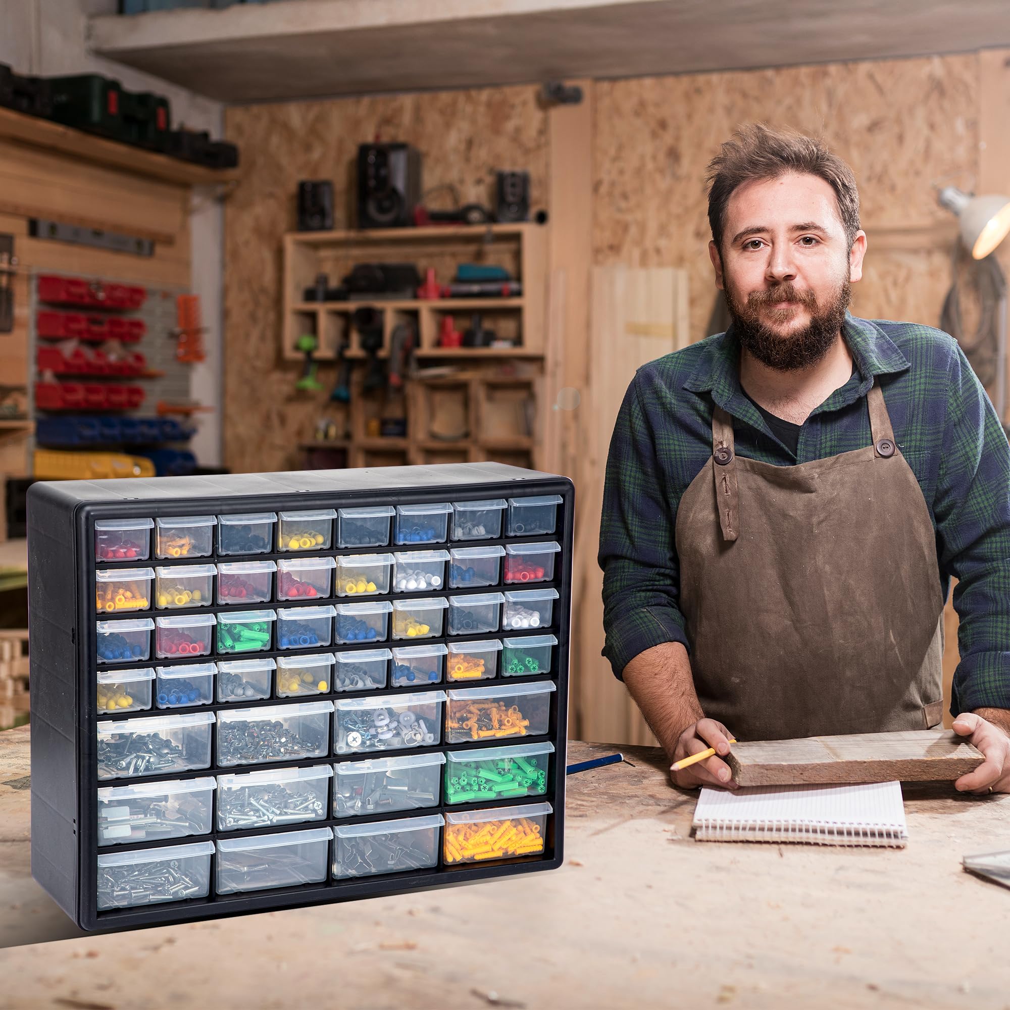 CraftGenes Organizzatore a vite – 44 cassetti garage & officina box con divisori regolabili, organizer per attrezzi da parete (nero)