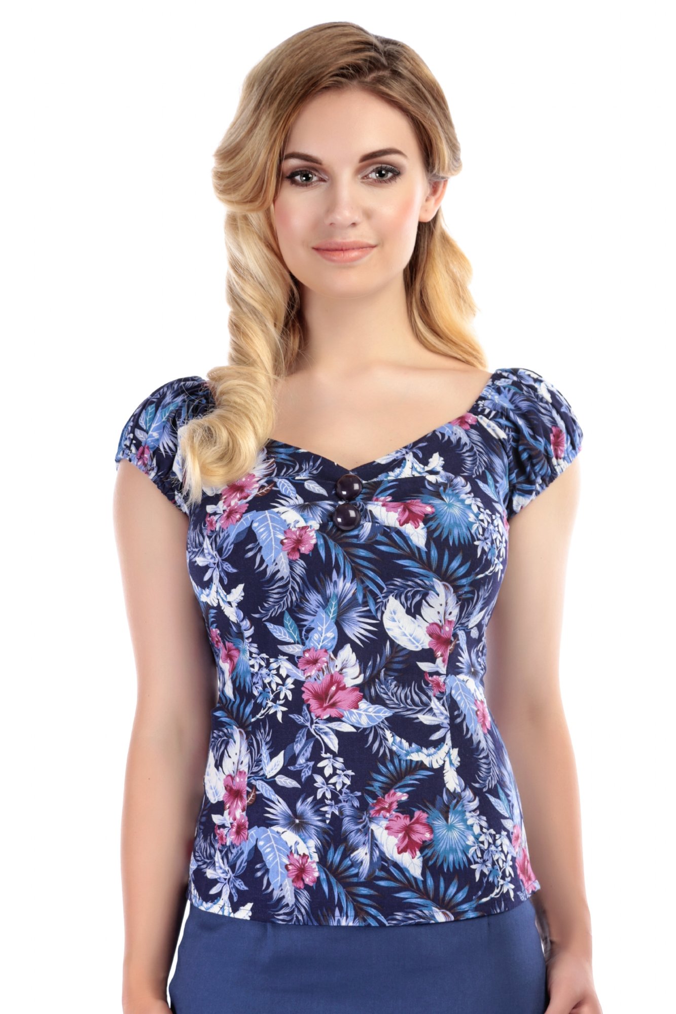 Collectif VintageWomen's 1950's Blue Maui Hibiscus Dolores Doll Top