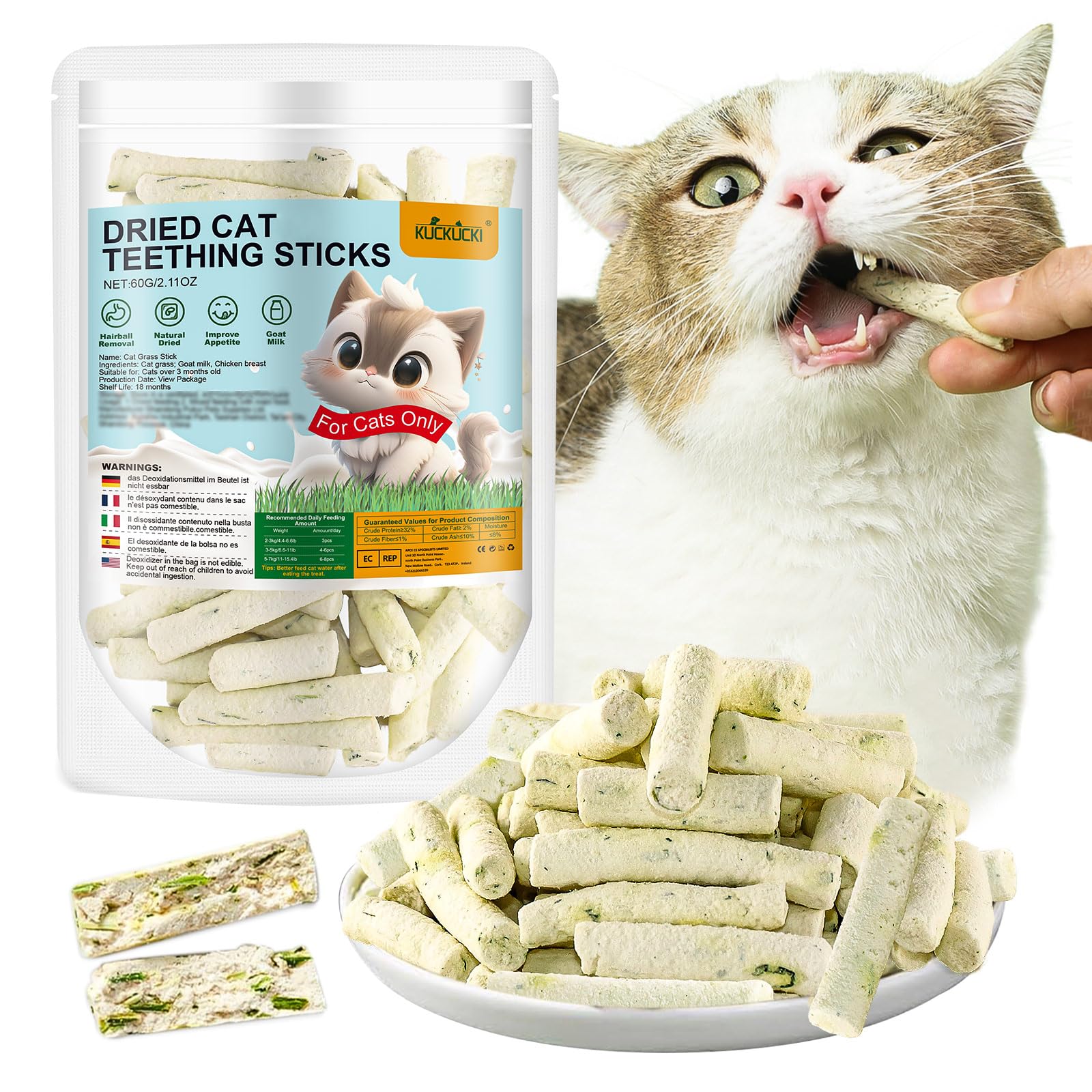 60g Golosina de Hierba Gatera para Gatos, Snack Liofilizado con Hierba Gatera para Limpiar los Dientes, Cat Grass Teething Sticks
