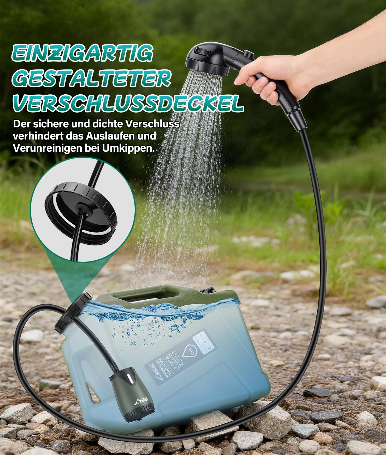 WADEO Campingdusche mit Pumpe und robustem Wassertank 20L, Tragbare Camping Dusche Outdoor Set mit Duschpumpe und Wasserbehälter Kanister, für Camping, Wandern, Garten, Strand, Autowaschen, Notfälle