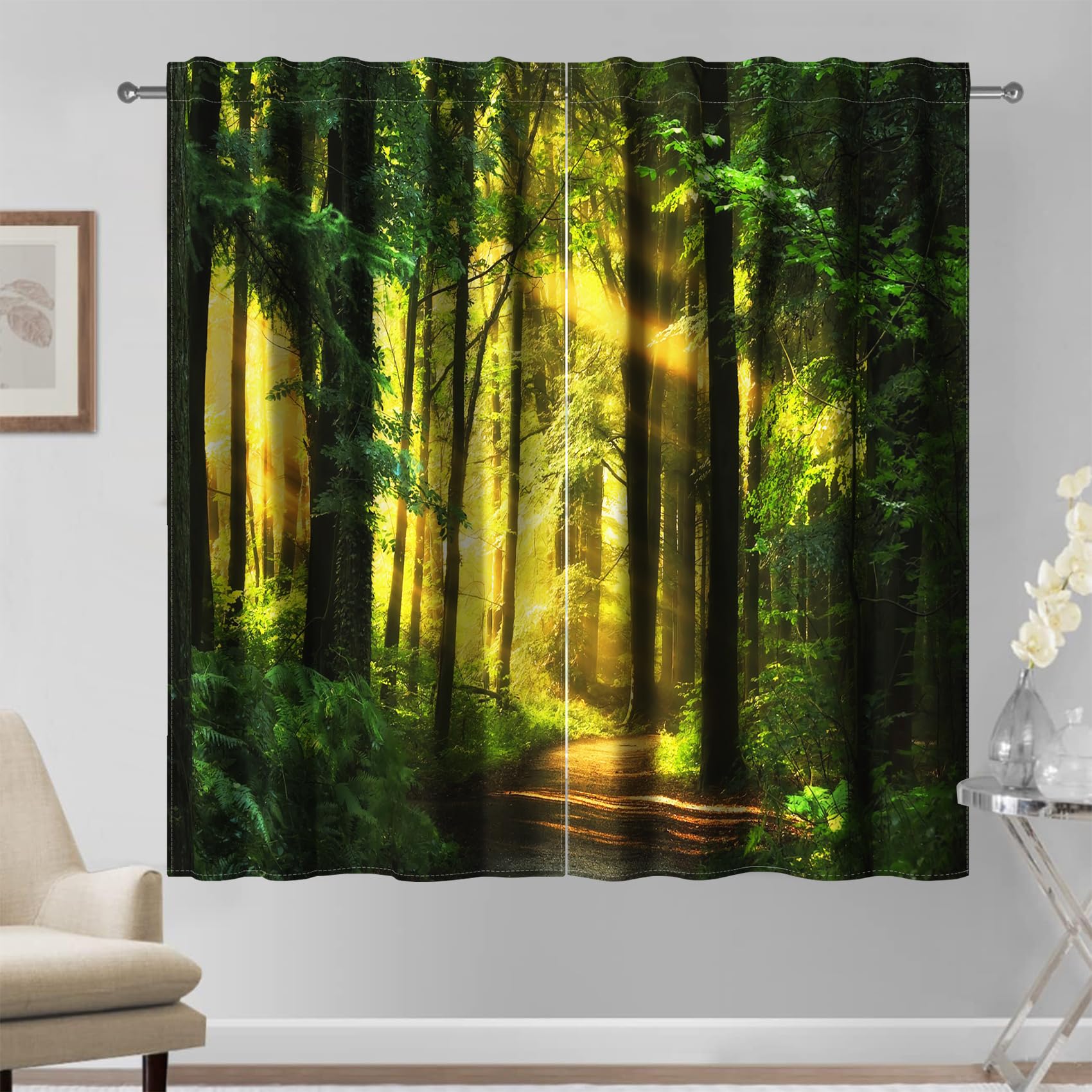 Kzzfqxb 117×229cm Forest Curtains 2 Panels, Golden Sunlight Through Green Forest Lush Trees Warm Path Woodland Park Drapes, Light Sound Insulated Window Decor Living Room Bedroom — image 1