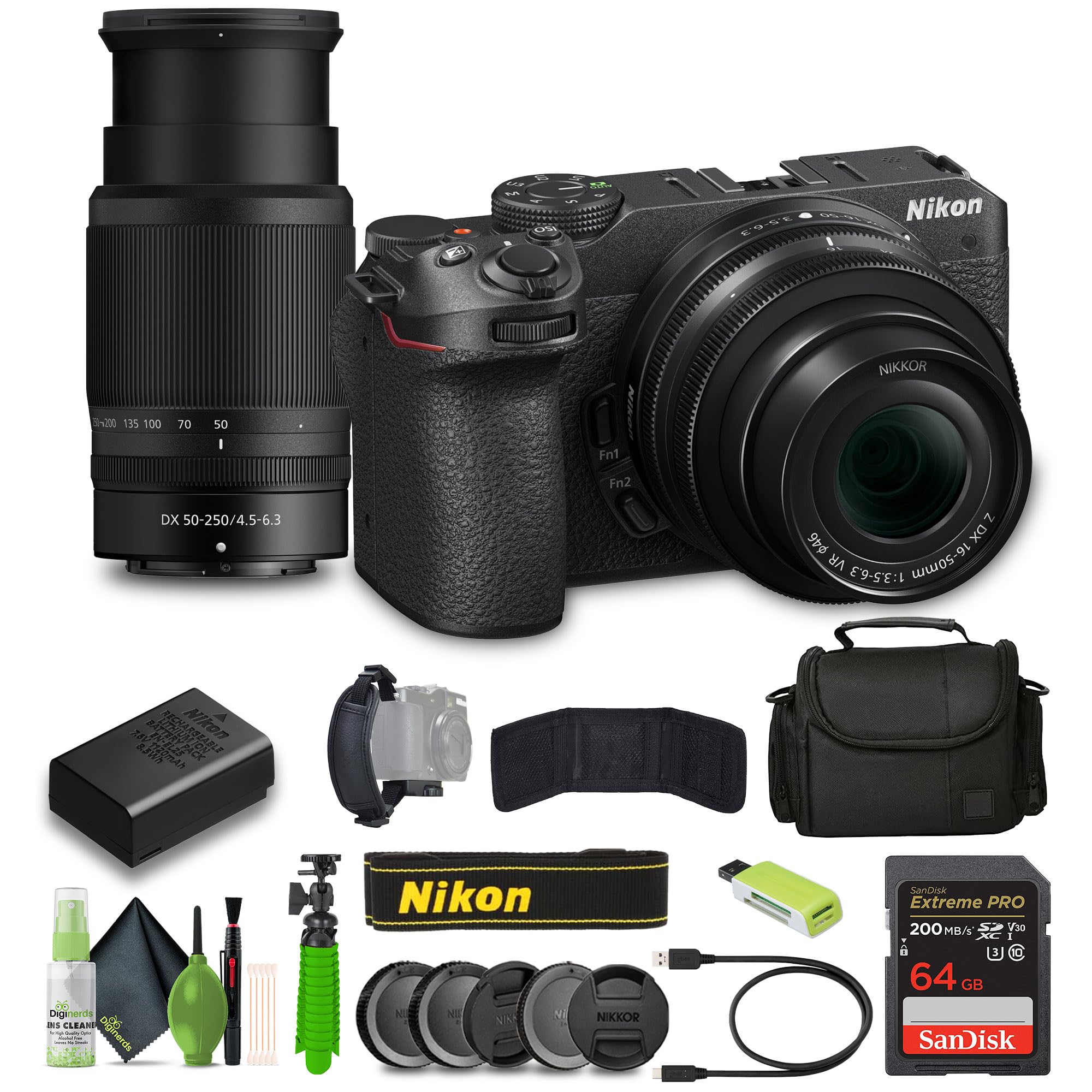 Nikon Z30 Mirrorless Camera with 16-50mm and 50-250mm Lenses + Soft Case + Cleaning Kit + Memory Card Wallet + Extreme PRO 64GB Card + Card Reader +