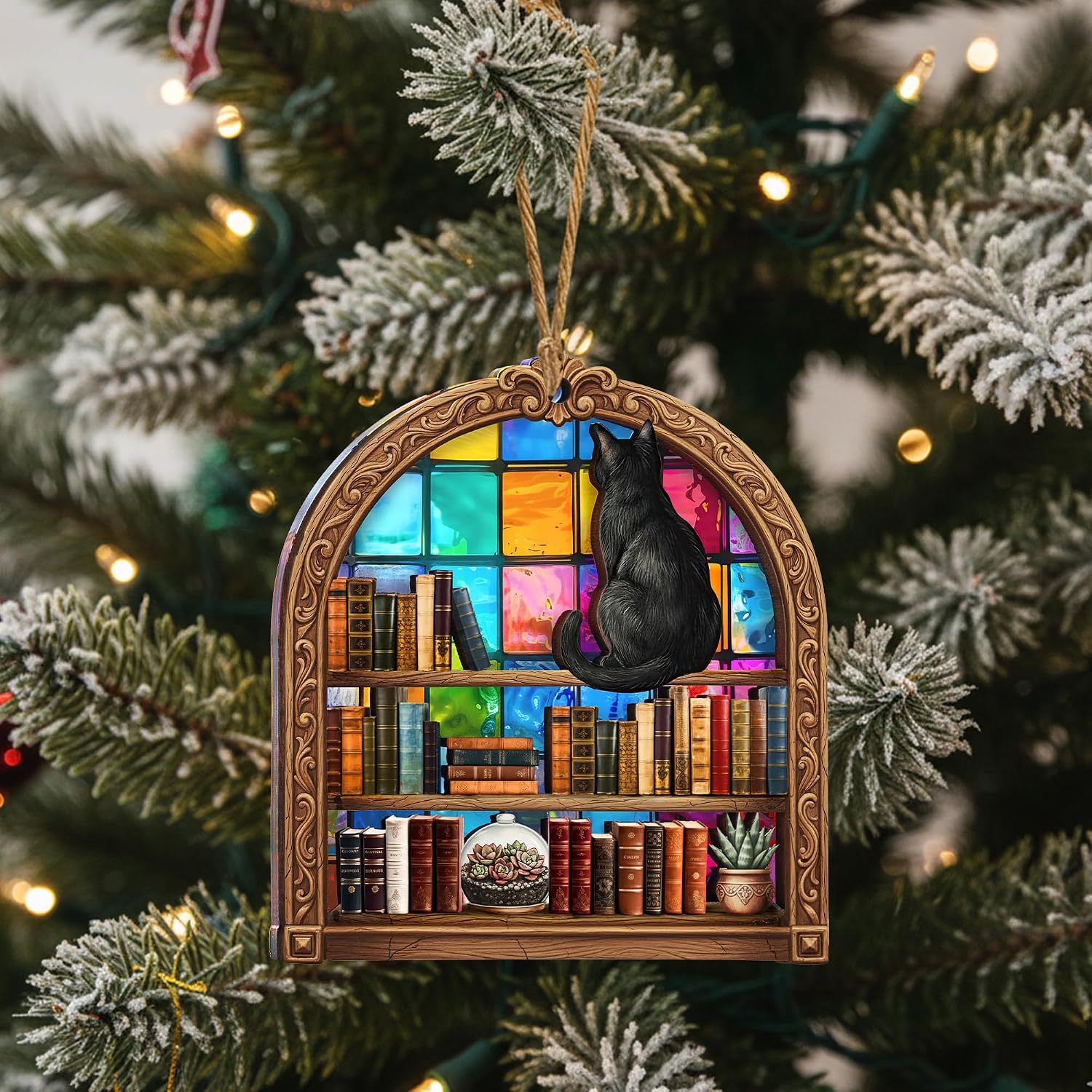 Book Lovers Gifts for Women, Valentines Day Gifts for Teacher, Librarian, Reader, Bookworm, Book Ornament Faux Stained Glass Window Hanging, Bookish Gifts Stocking Stuffer Decor (Library Cat)