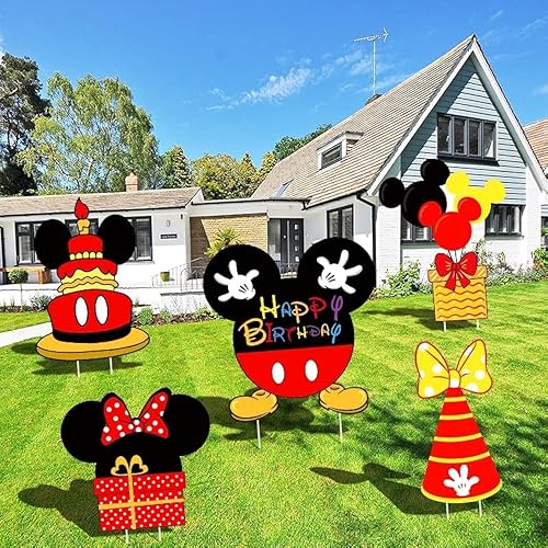 5 piezas de suministros de fiesta de cumpleaños de Mickey para ratón, letrero grande de dibujos animados de Mickey Yard, decoración de fiesta de