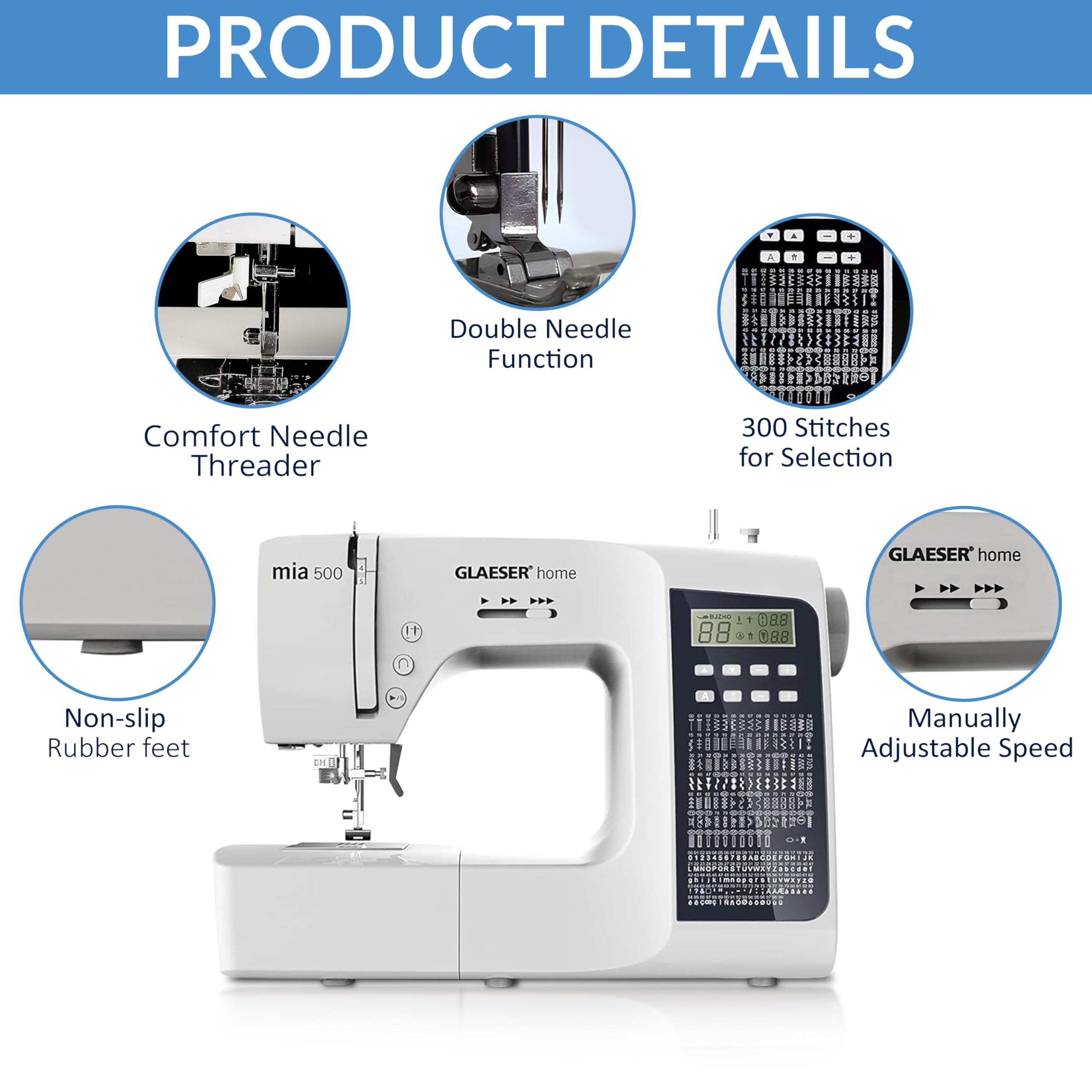 Digitale Nähmaschine GLAESER® home mia 500 300 Stich-Varianten Doppelnadel LED Display Einklappbarer Griff Einschnapp-Automatik Nähfuss Doppelnadel-Funktion Elektronische Start-Stopp-Funktion
