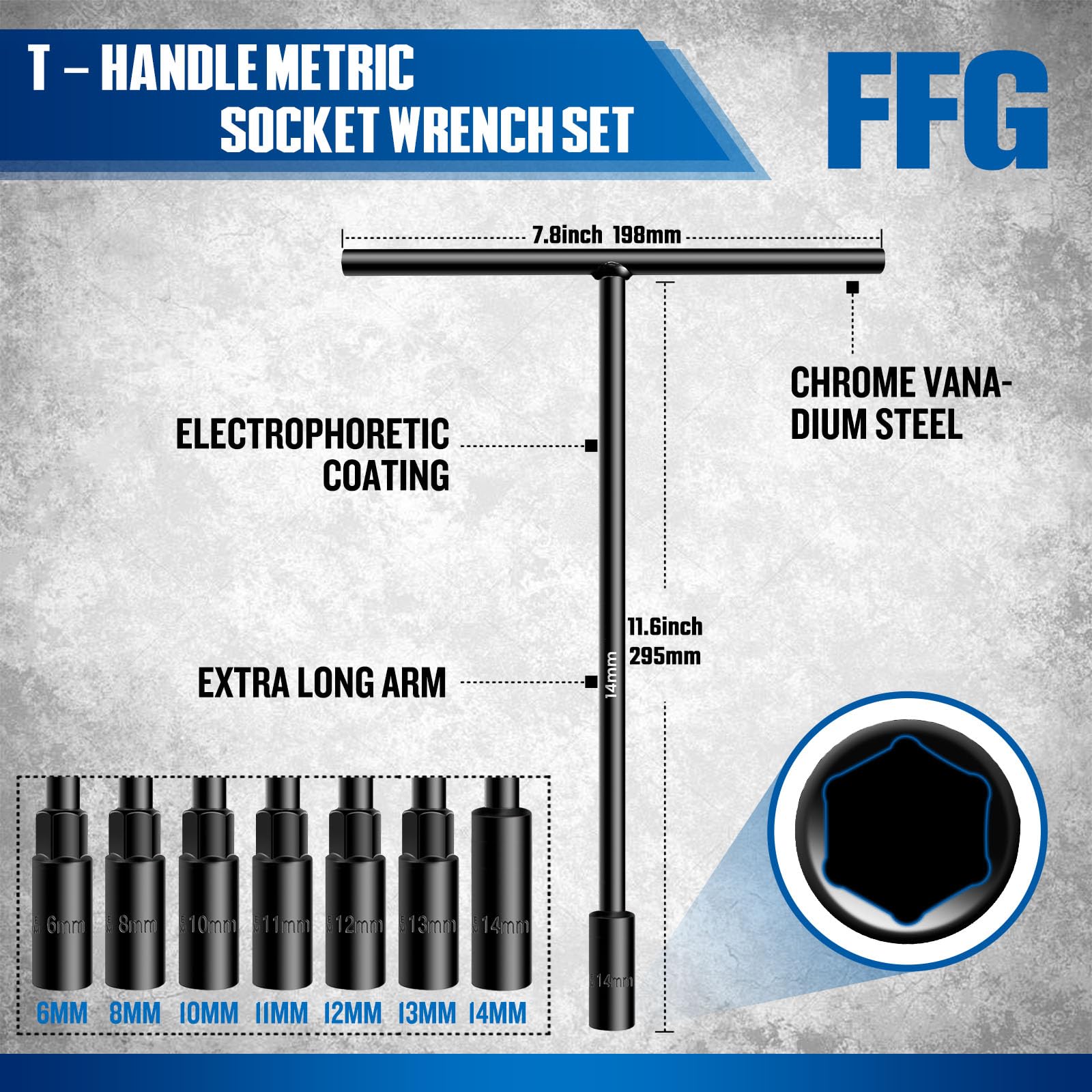 T - Handle Metric Socket Wrench Set 6- Point (6mm, 8mm, 10mm, 11mm, 12mm, 13mm, 14mm) Chrome Vanadium Steel T Handle Wrench Hex Socket For Car Motorcycle Dirtbike Repair (7 Pack)