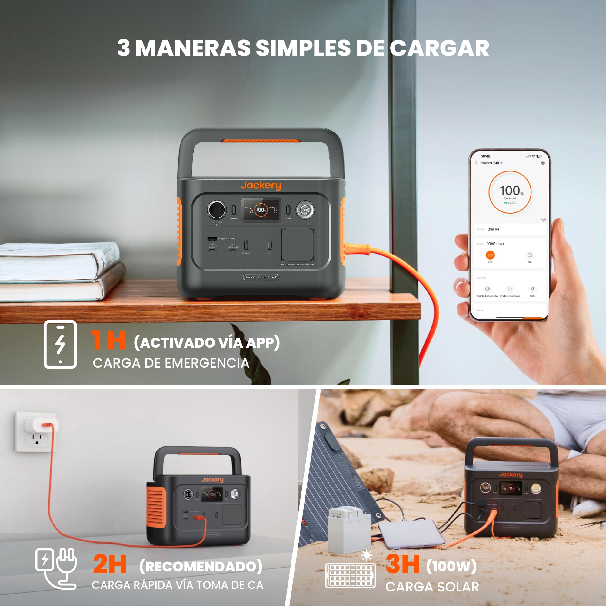 Estación de Energía Portátil Jackery Explorer 240 V2, 256Wh Batería LiFeP04, 300W CA/100W USB-C Salida, Carga Completa Rápida 1H vía APP, Generador Solar para Exteriores, Camping, Emergencia