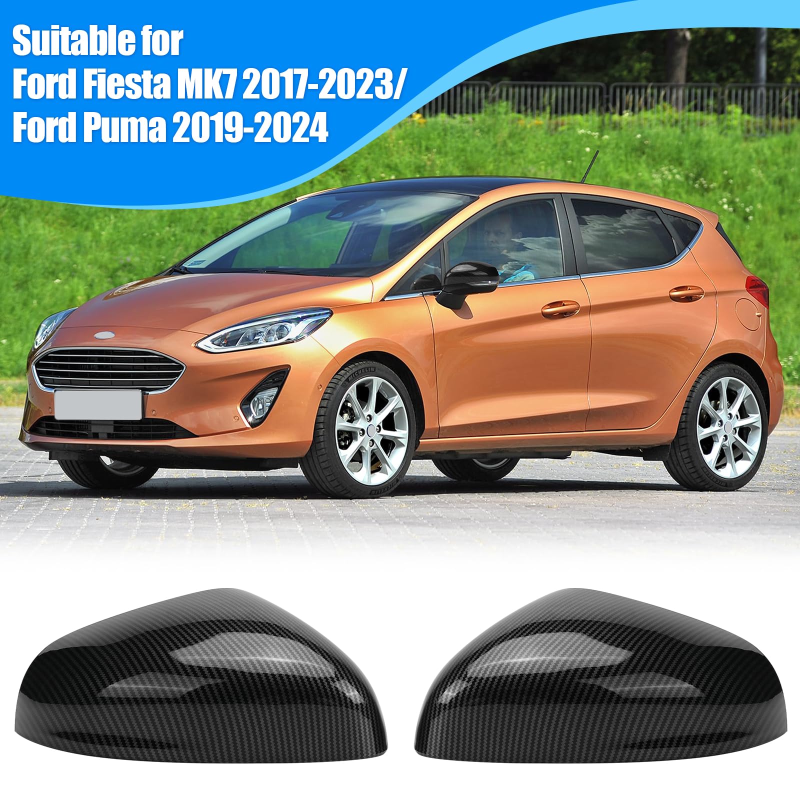 Cappuccio Dello Specchietto Retrovisore Sostituzione per Ford Fiesta 2017-2023/Puma 2019-2024, Cappucci per Specchietti Retrovisori Cromati Copri Specchietto Retrovisore Automatico (carbonio)