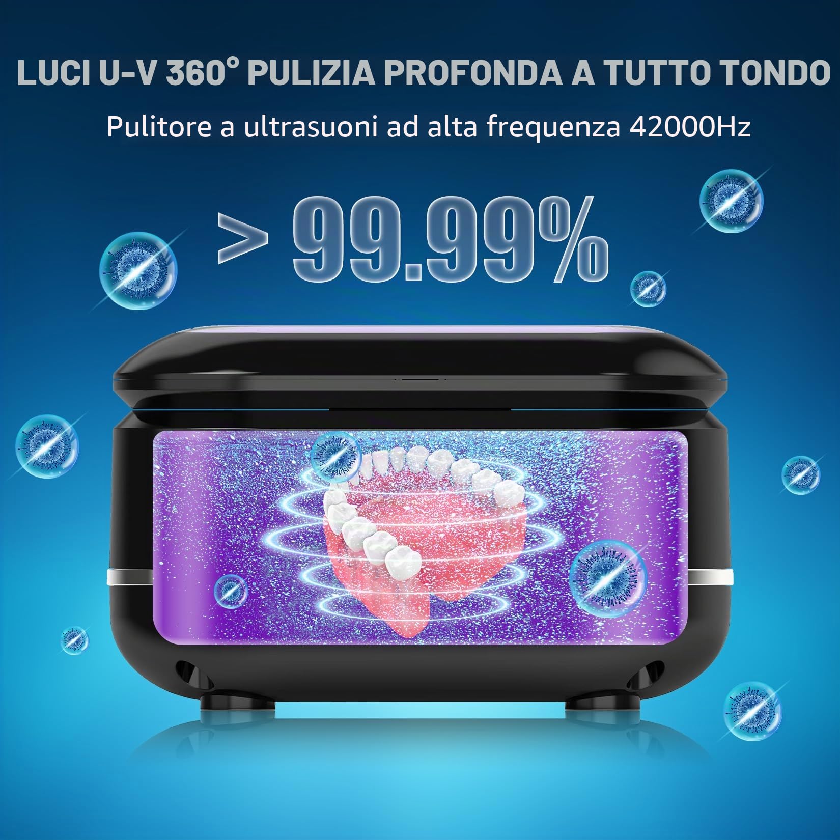 Pulitore a Ultrasuoni 42kHz 180ml per Protesi, Apparecchi e Mantenitori | 2 Modalità (180/360s) + UV, Acciaio Inox 304, Display – Regalo Ideale per Portatori di Protesi, Apparecchi e Gioielli