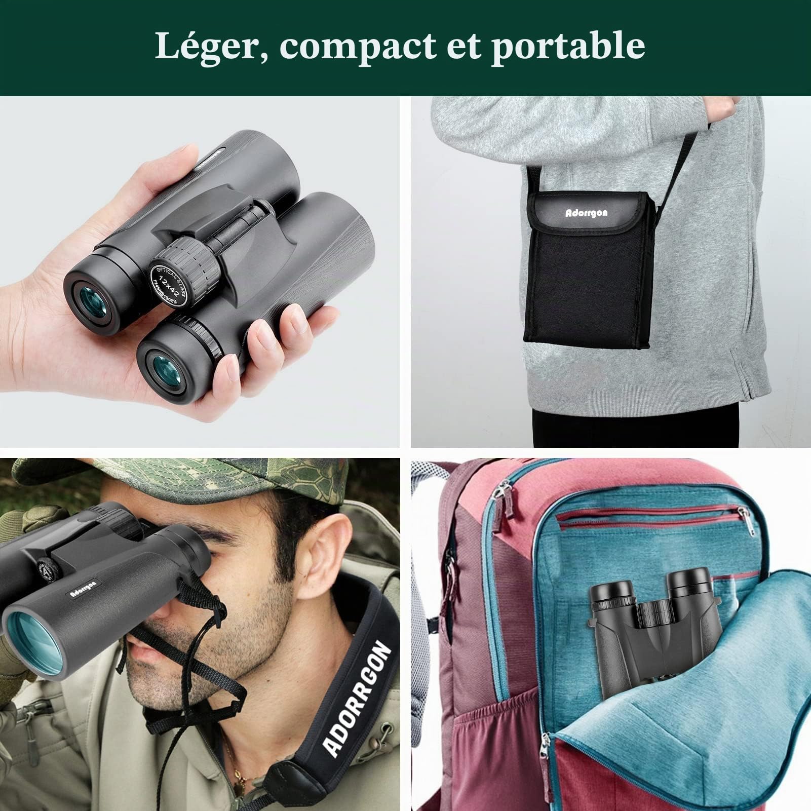 12 x 42 Jumelles compactes pour Adultes avec HD Vision Clair et Faible lumière Vision – Adorrgon Haute Puissance et Portable Jumelles pour Observation des Oiseaux de Chasse Scenery Concerts Sports