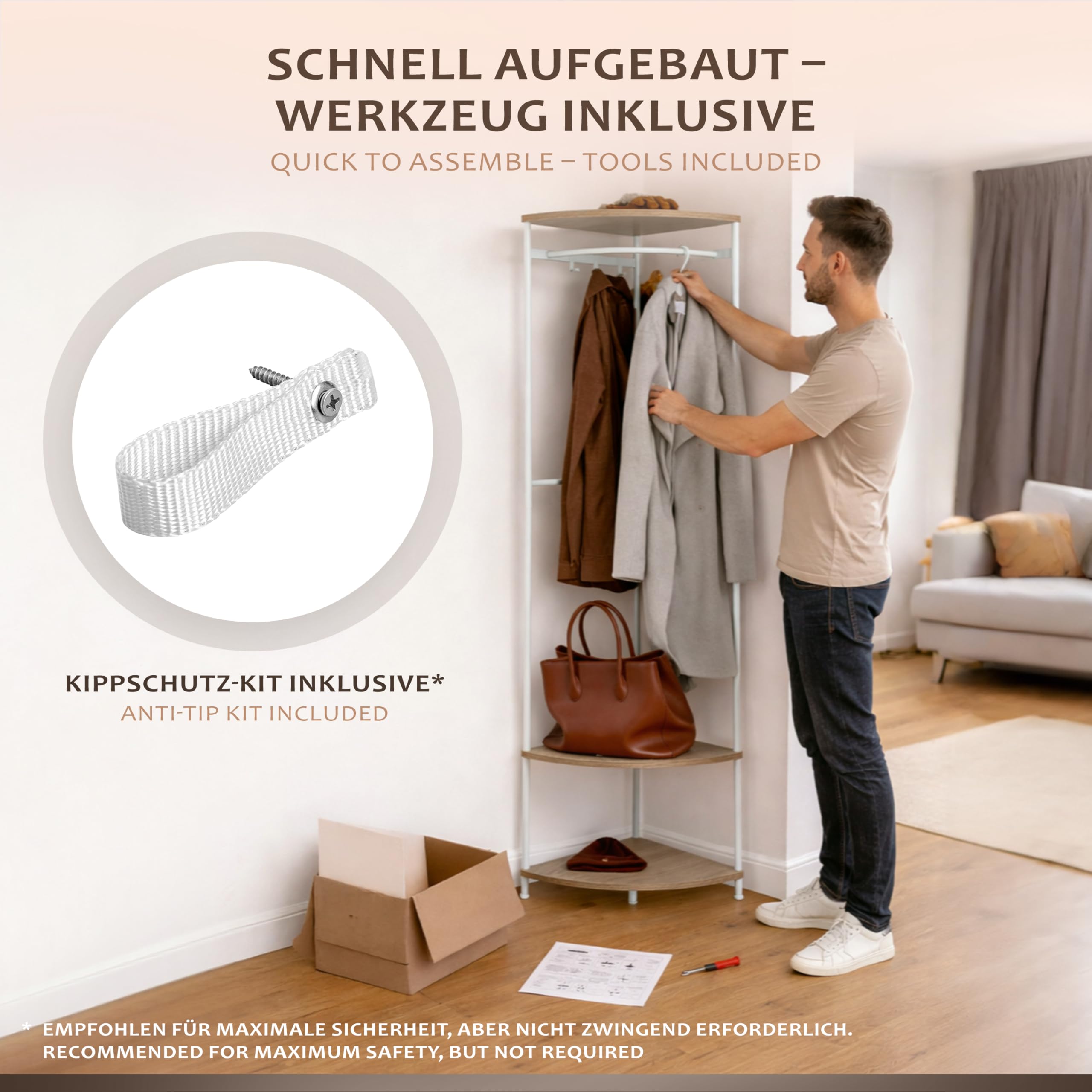 ONVAYA® Appendiabiti ad angolo, elegante e compatto, con ripiano e asta appendiabiti, per corridoio, salvaspazio, appendiabiti angolare di alta qualità