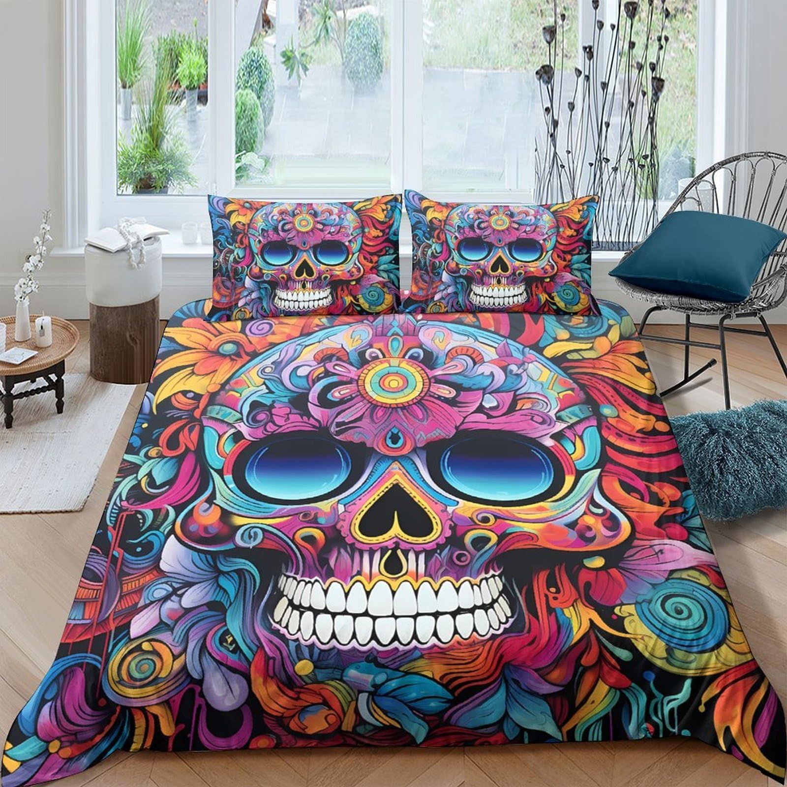 Ctjqhvkz Style-2 3D Printed Colorful Skull Fitted Sheet Microfiber Mattress Cover For Bedroom Dorm Artistic Decor Anti-Slip Easy Care Single（135X200cm）