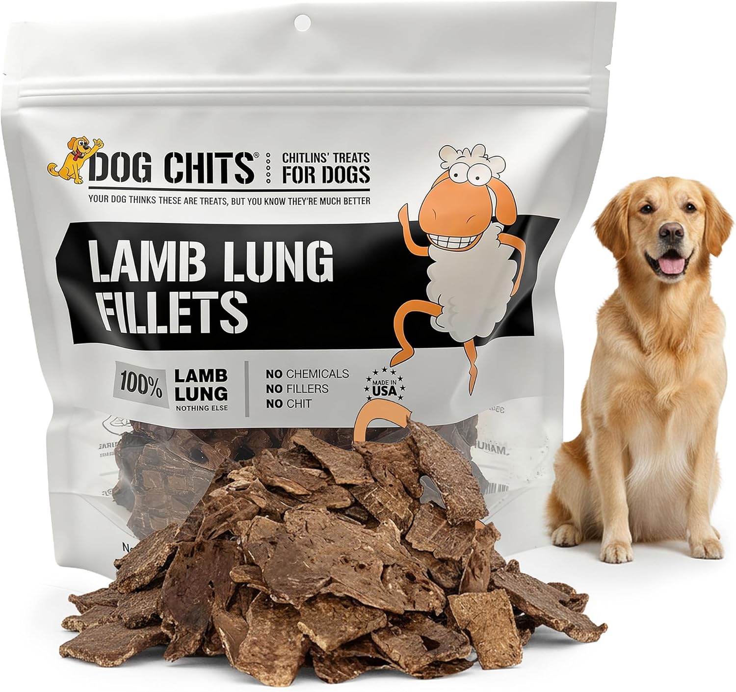Dog Chits Lamb Lung Fillets Dog and Puppy Treats - Low Fat, High Protein Single Ingredient Dog Treat - Easy to Break Slices - Great for Training - Made in USA, Large 10 oz. Bag