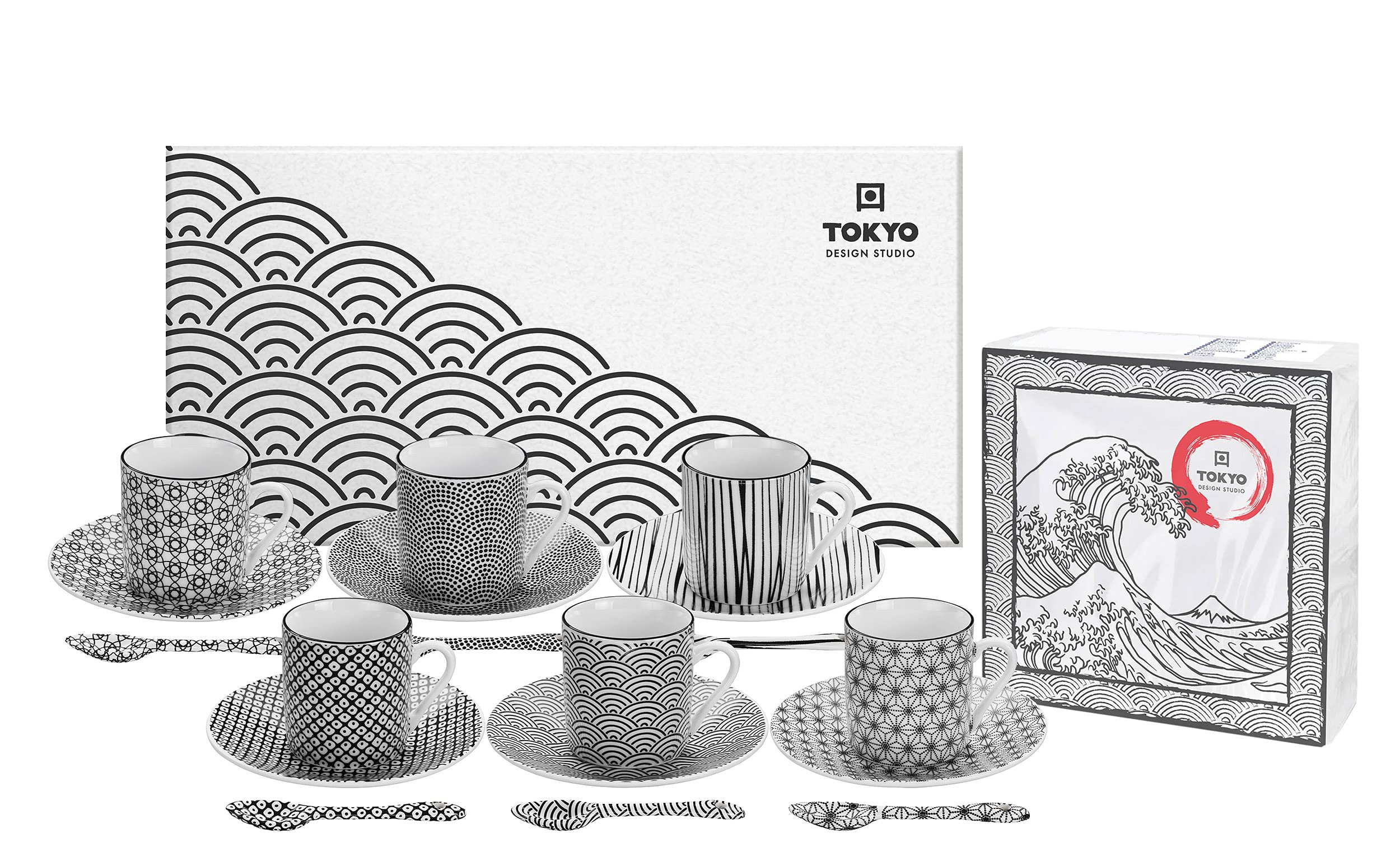 TOKYO design studio Nippon Black Espresso-Set schwarz-weiß, 18-TLG., 6X Espresso-Tassen mit Untertassen und Löffeln, asiatisches Porzellan, Japanisches Design, inkl. Geschenk-Verpackung