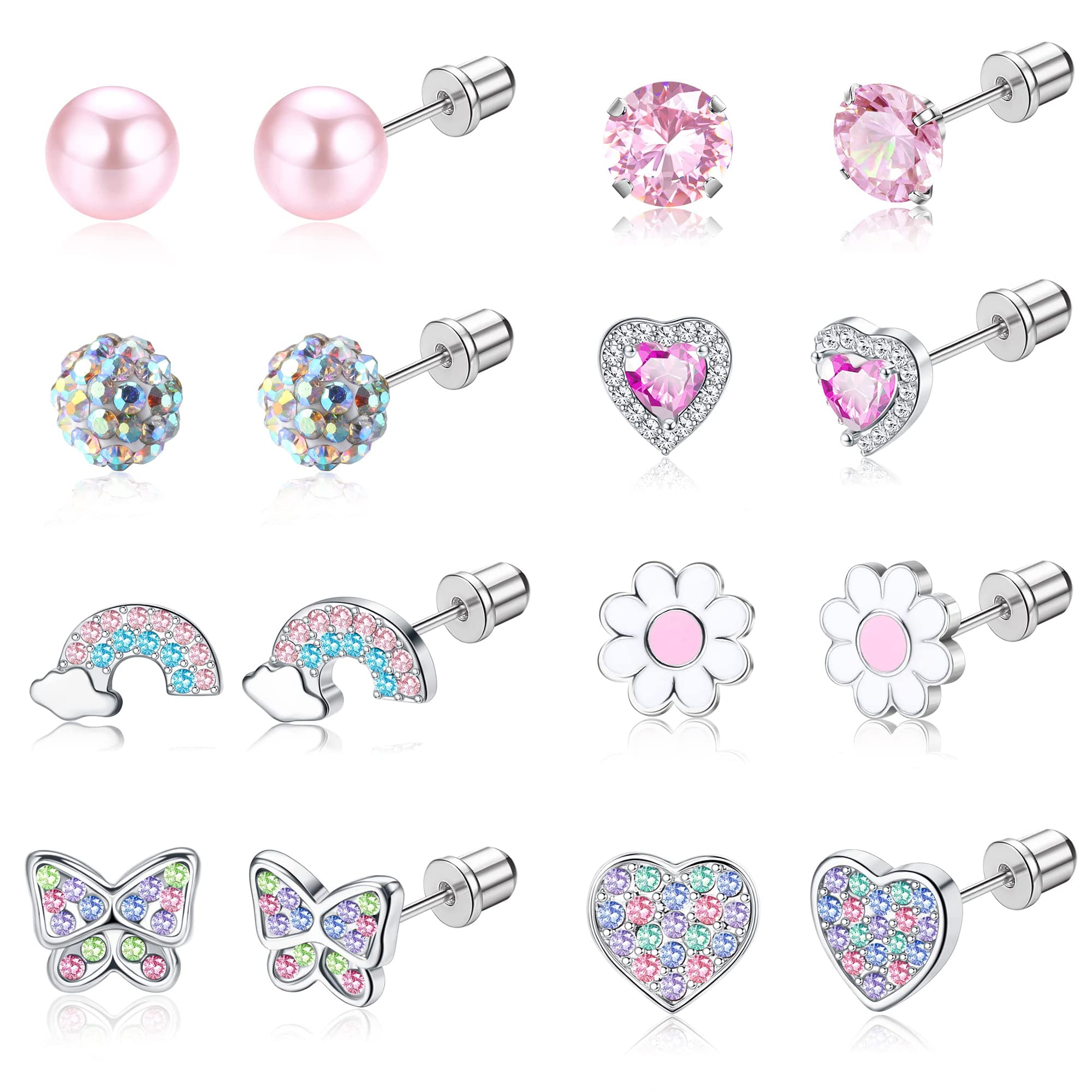 Chriscoco8 Pairs Hypoallergenic Earrings for Women Girls Stainless Steel Earrings For Sensitive Ears Multicolored CZ Rainbow Butterfly Flower Heart Screw Back Stud Earrings Set For Girls Kids