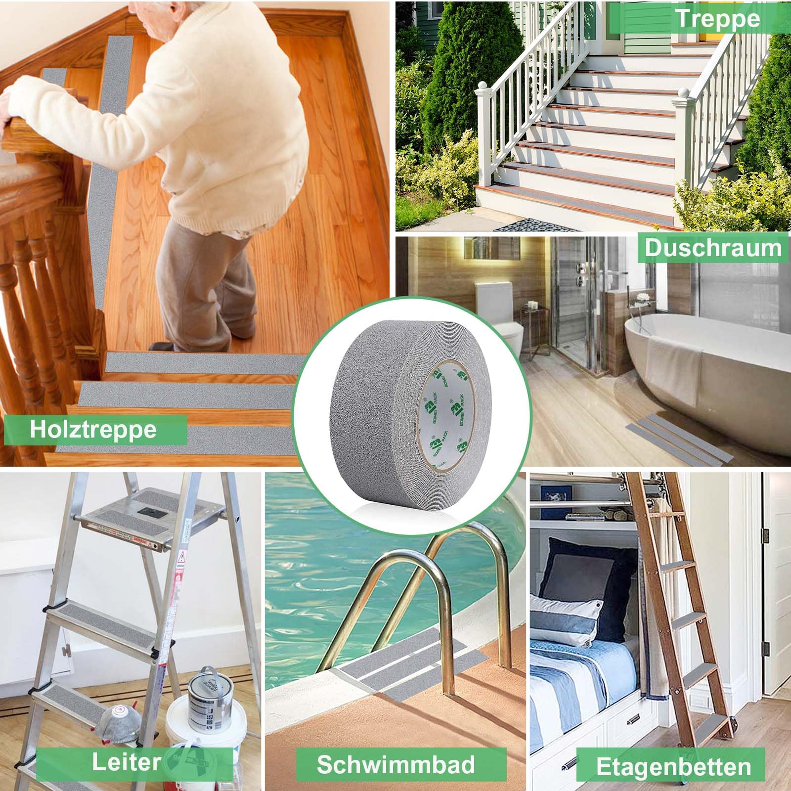 BOMEI PACK Gris Cinta adhesiva antideslizante, 2 Rollos 50mmx10m cinta adhesiva antideslizante, fuerte seguridad adhesiva para uso en interiores y exteriores