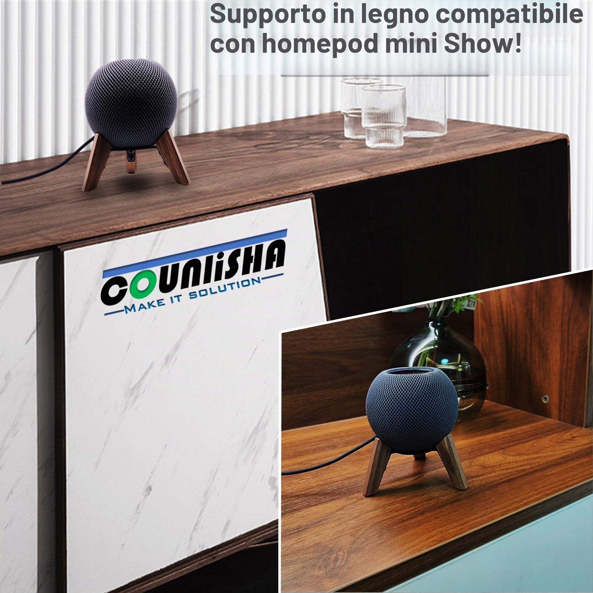 Supporto in vero legno per Homepod Mini (2020 rilasciato), treppiede in legno con telaio in metallo, supporto stabile sicuro con cuscinetto in silicone antiscivolo protegge bene il mini altoparlante