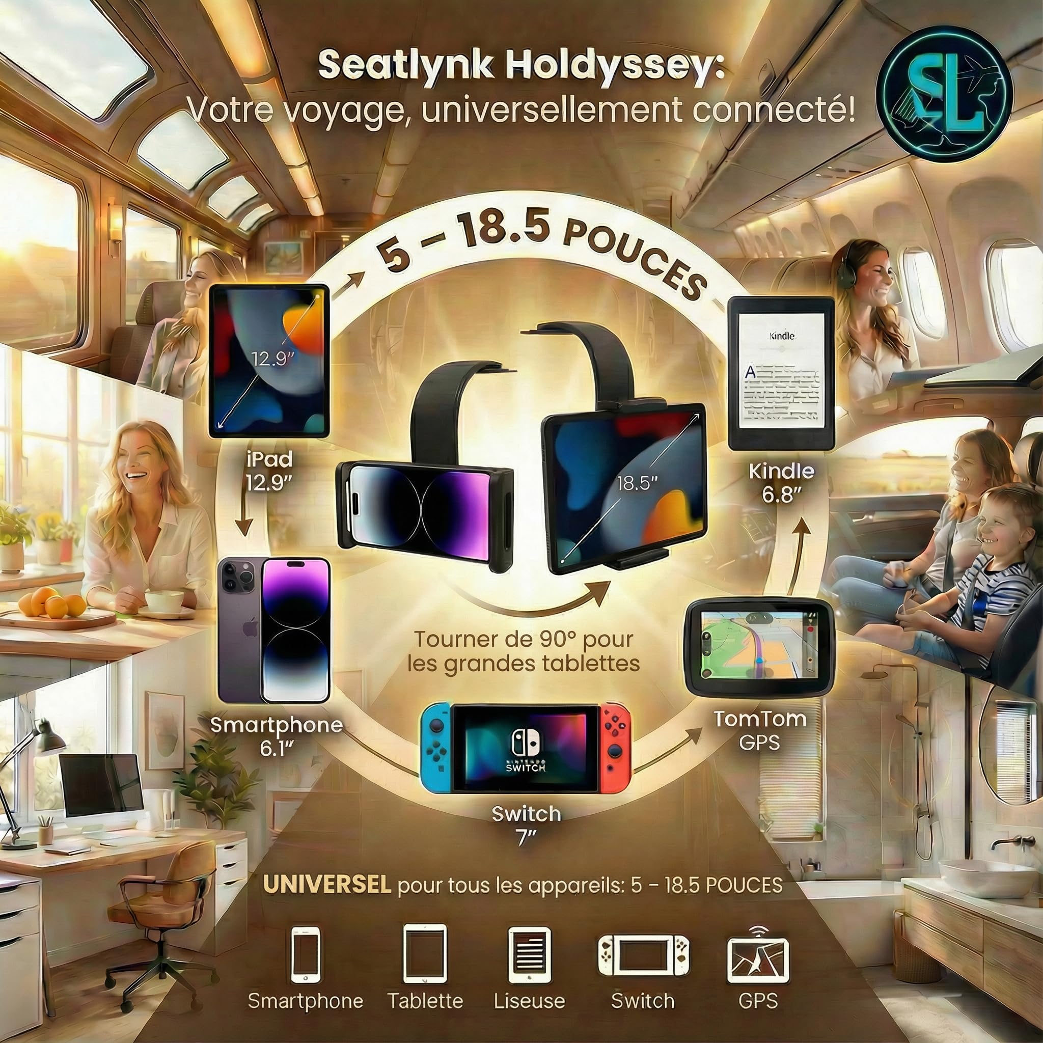 Holdyssey – Support flexible et ergonomique pour smartphones, tablettes, liseuses électroniques et Switch (5–18,5") | Pour appuie-tête, sièges sport, tableau de bord, voyages en avion et en train