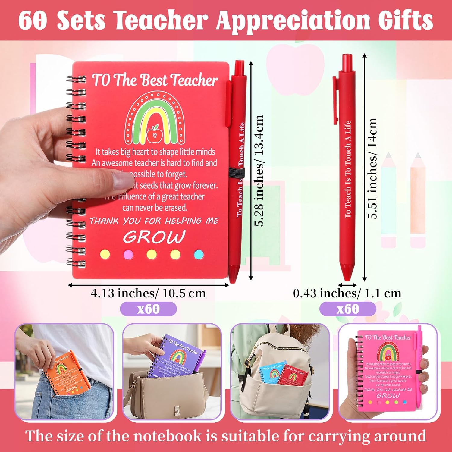 Resurhang 120 Pcs/60 Set Thank You Teacher Gifts Bulk Graduation Party Spiral Notebooks with Sticky Note Ballpoint Pens Back to School Thank You Employee Gift Journal for Coworker Office Supplies