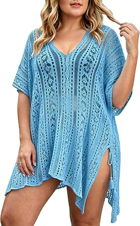 Chalier Swimsuit Coverup for Women, Plus Size Crochet Beach Cover Up, SkyA