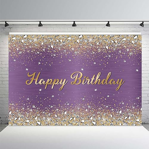 Miniatura 2 de MEHOFOND Decoraciones de fiesta de cumpleaños moradas de 7 x 5 pies, telón de fondo brillante con purpurina dorada y diamantes, decoración de feliz