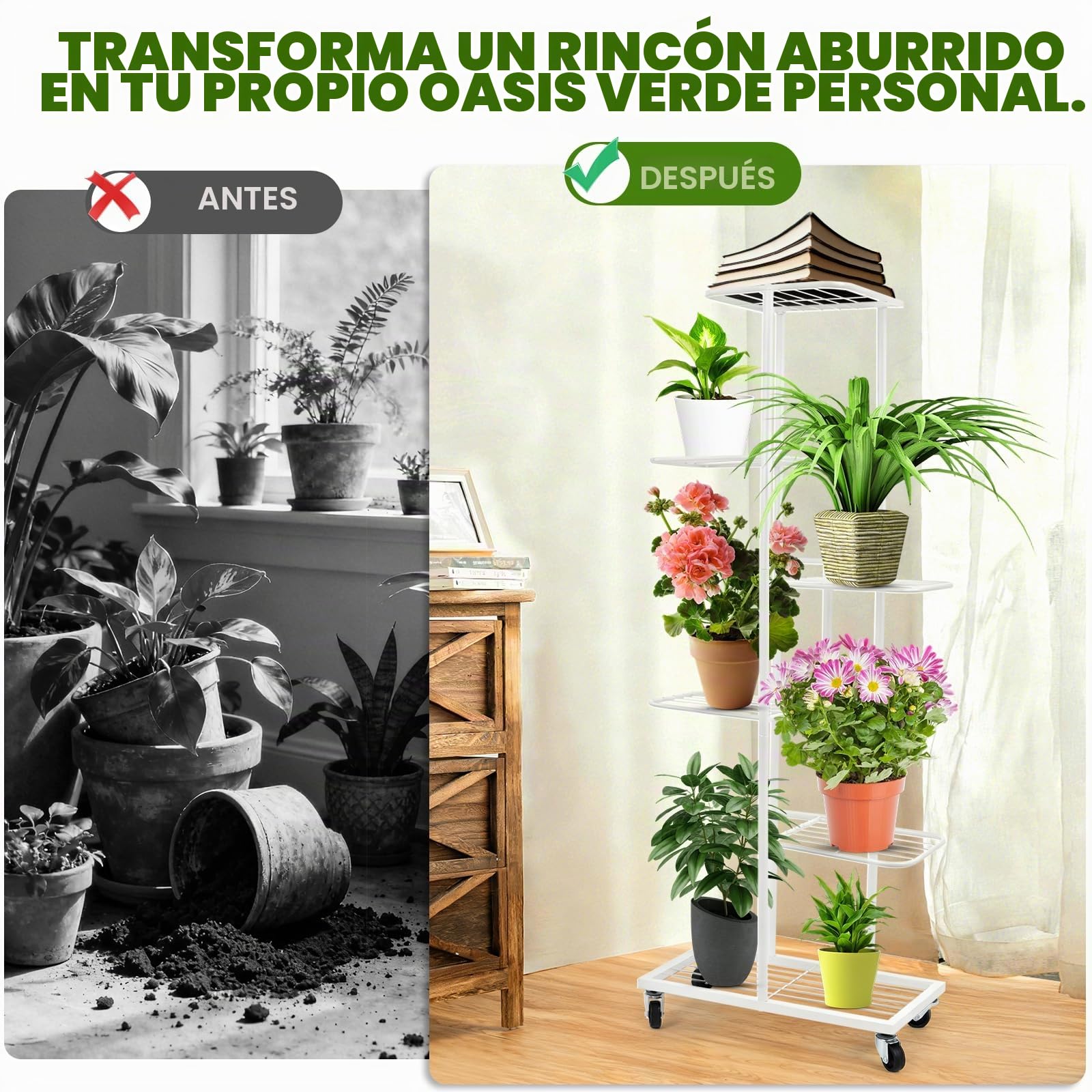 Estante para Plantas 6 Niveles, Estante de Metal con Ruedas, 108 cm de Altura, para Uso Interior y Exterior, Blanco