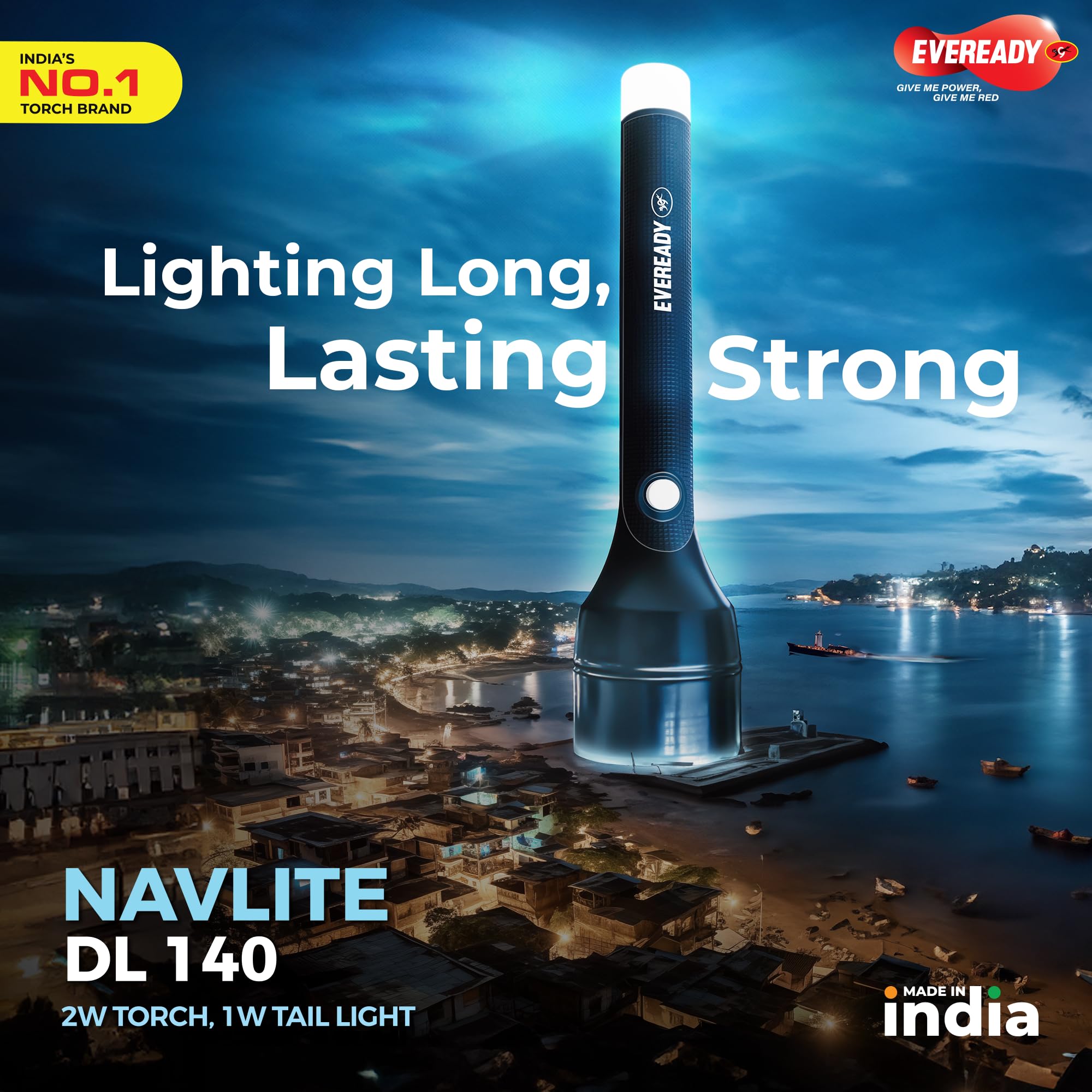 Eveready Navlite DL140, Rechargeable 2W Led Torch + 1W Emergency Tail Light, Metallic Finish, Type B/Micro USB Charging, Overcharge Protection, Powered By BIS Certified Li-Ion Battery 1