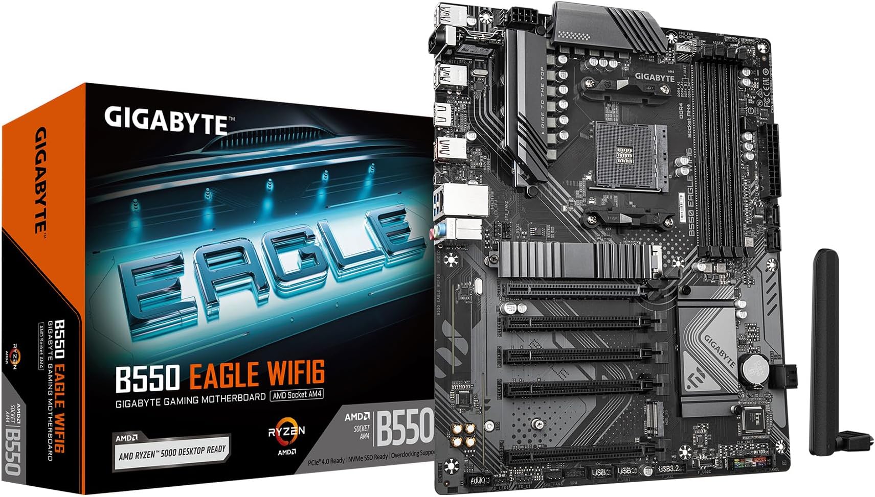 Gigabyte B550 EAGLE WIFI6 Motherboard - AMD Ryzen 5000 G-Series CPUs, 10+3+1 Phases VRM, up to 3200MHz DDR4, 1xPCIe 4.0 + 1xPCIe 3.0 M.2, 1GbE LAN, WIFI 6, USB 3.2 Gen 2