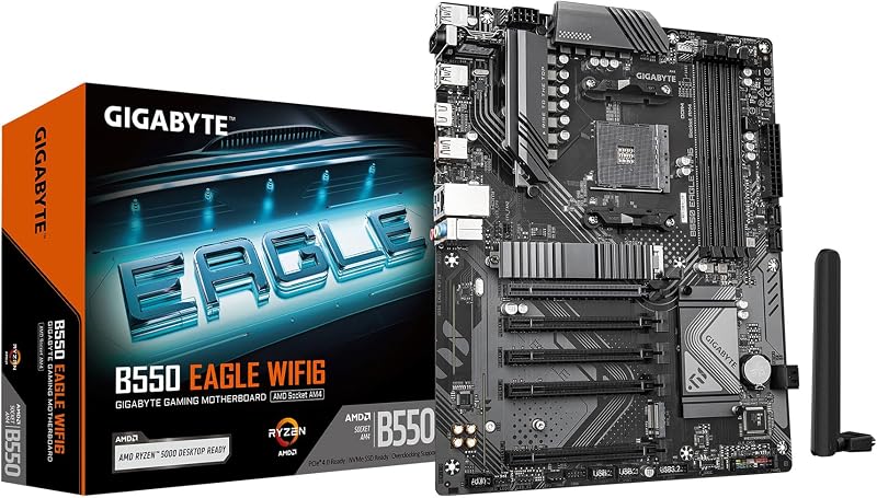 Placa base GIGABYTE B550 Eagle WIFI6 AMD AM4 ATX, compatible con procesadores Ryzen 5000/4000/3000, DDR4, 10+3 fases de alimentación, 2X M.2, PCIe 4.0, USB-C, WIFI6, GbE LAN, PCIe EZ-Latch, EZ-Latch, RGB Fusion