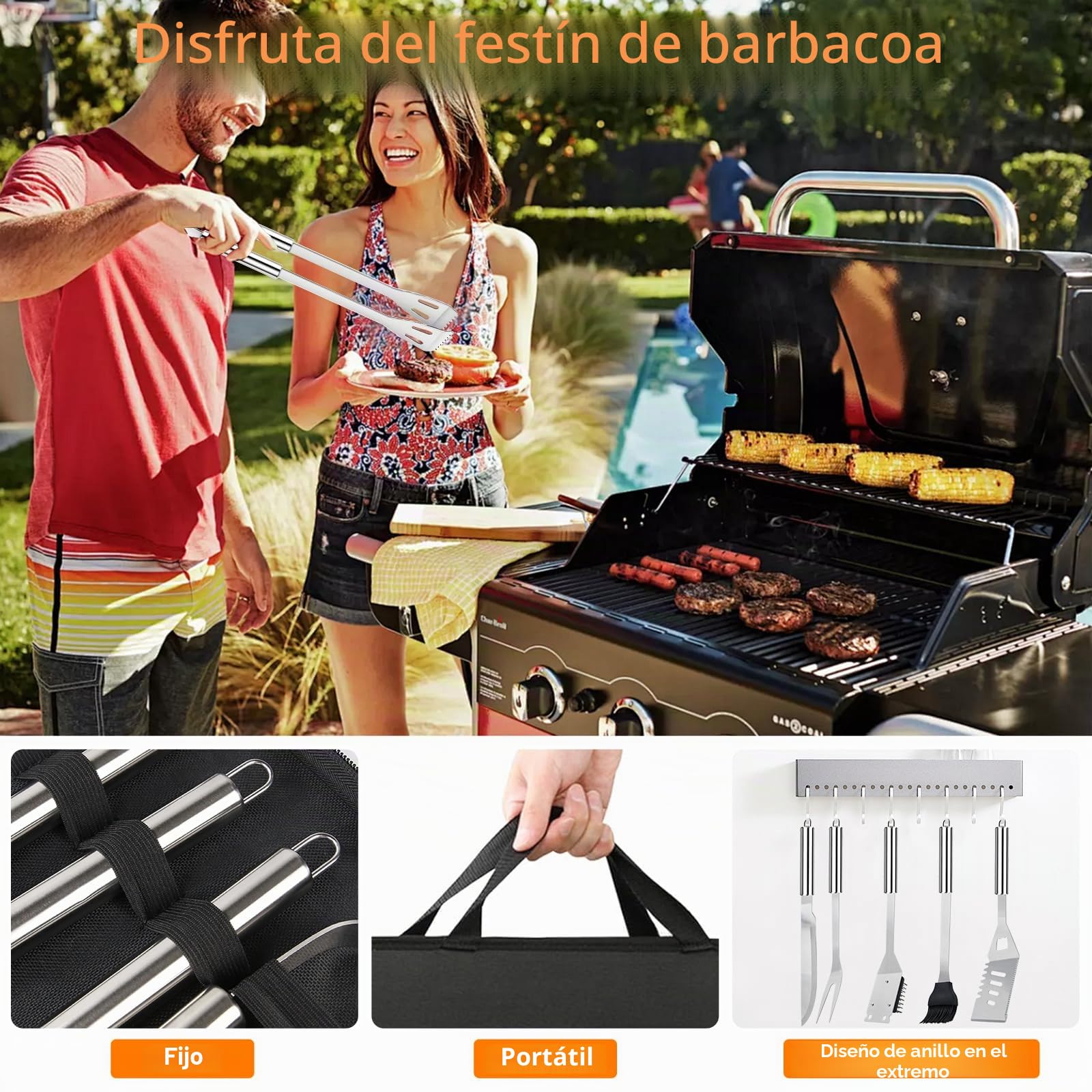 Juego de Utensilios de Barbacoa Kit de Accesorios Barbacoa, Acero Inoxidable,28 Piezas, en Maletín Portátil, para Parrilla de Barbacoa de Gas y Carbón, Regalos para Hombre.