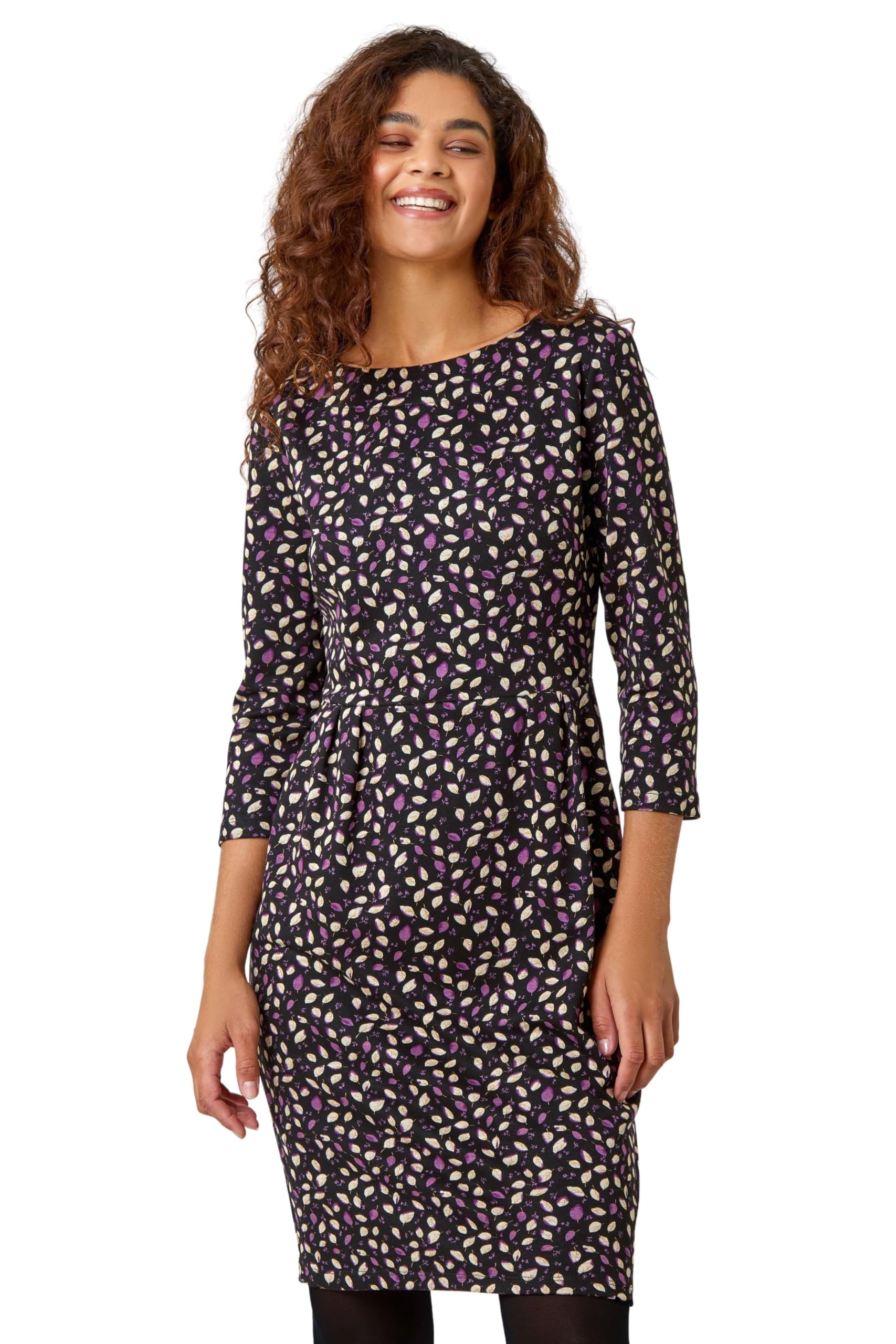Roman Originals Shift Dress with Pockets for Women UK - Ladies Summer Autumn Winter Smart Casual Work Short 3/4 Sleeve Tunic Knee Length Pleated Gathered Waist Tea Loose - Purple - Size 12