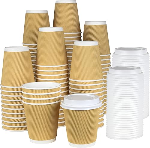 NYHI 100 vasos de papel kraft ondulado de 10 onzas, marrón, caliente, frío, 3 capas, onduladas, pequeñas, aisladas, desechables, para capuchino,