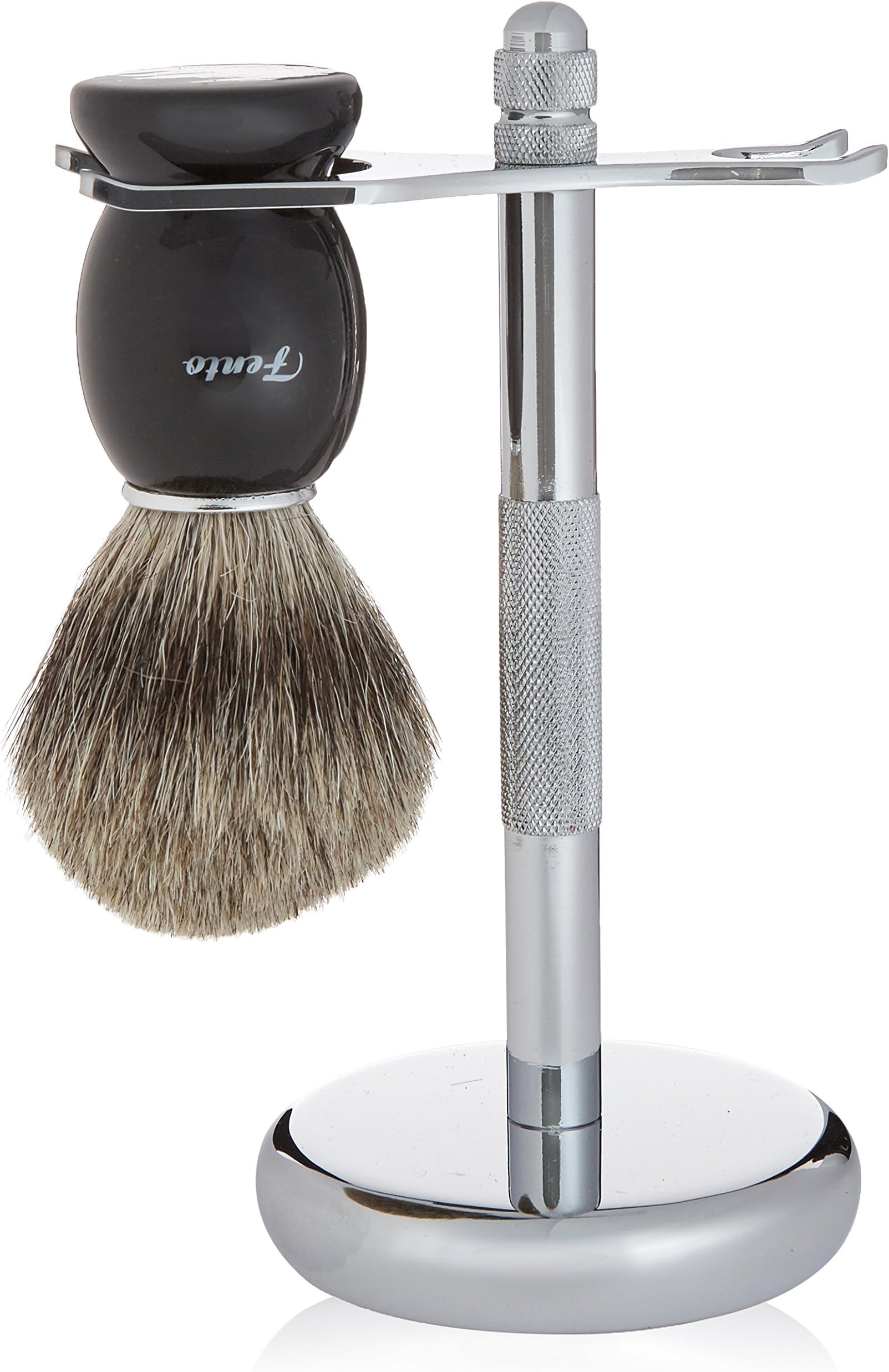 Fento Badger Hair Shaving Brush and Chrome Razor Stand Shaving Set Black