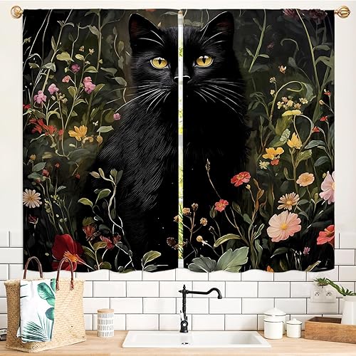 Miniatura 27 de Cortinas de cocina florales azules de 27.5 pulgadas de ancho x 39 pulgadas de largo, 2 paneles con bolsillo para barra, flores silvestres, estilo 03