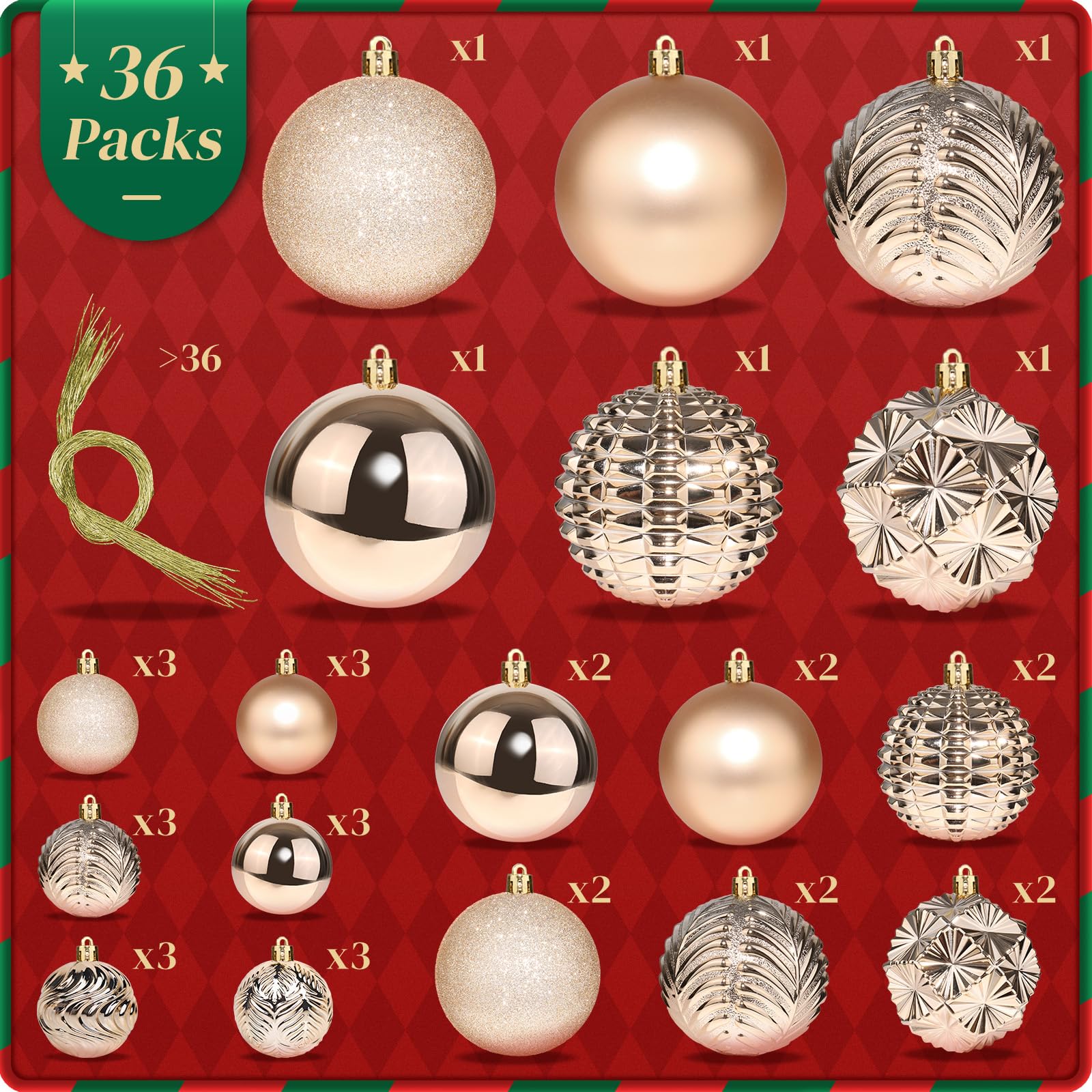 Christmas Ball Ornaments, 36pcs 3 Sizes Tree Decorations for Xmas Tree, Shatterproof Hanging Baubles Decorations for Wreath Party Ornaments (Multi-Styles,Champagne)