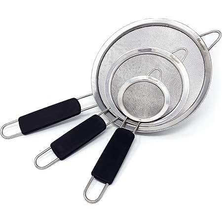Makerstep Set of 3 Stainless Steel Fine Mesh Strainers. Graduated Sizes 3.38", 5.5", 7.87" Strainer Wire Sieve Sifter with Insulated Handle for Kitchen Tools Gadgets