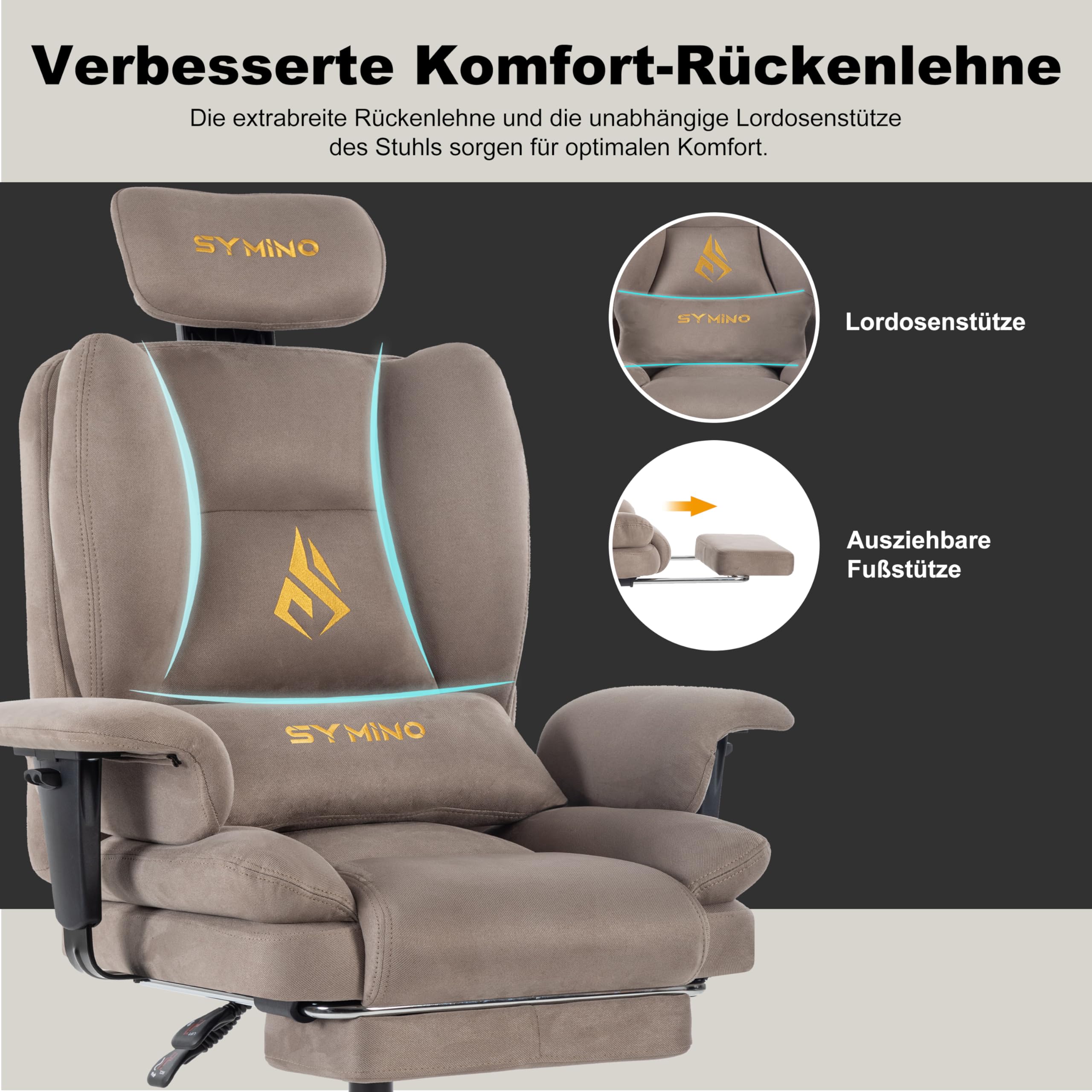 Symino Gaming Stuhl Chefsessel Bürostuhl Ergonomisch, Twill-Stoff Sofa-ähnliches Schreibtischstuhl mit Fußstütze Höhenverstellbarer Office Chair Computerstuhl 130kg, Braun